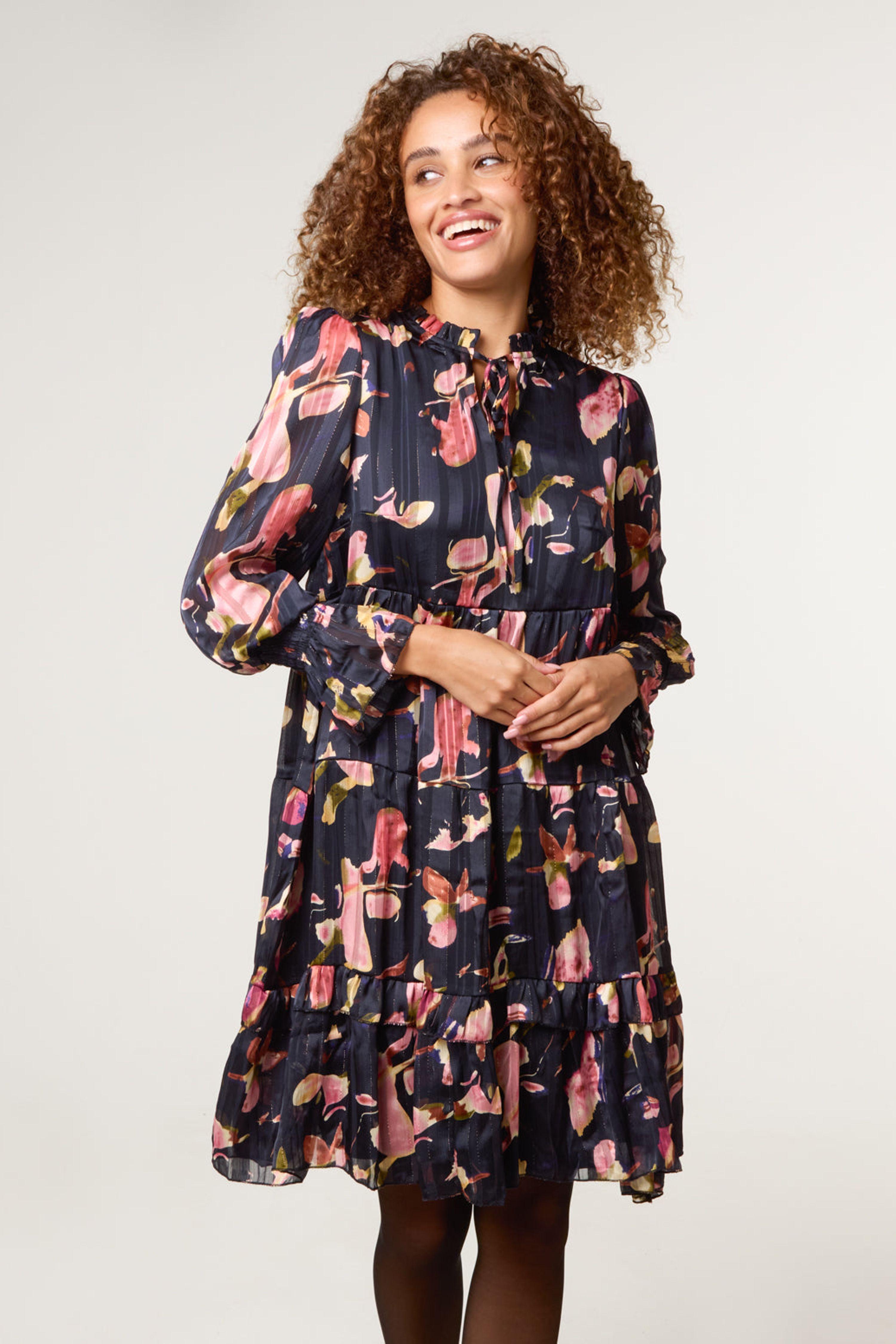 Black Tie Neck Floral Chiffon Smock Dress by BLUE VANILLA