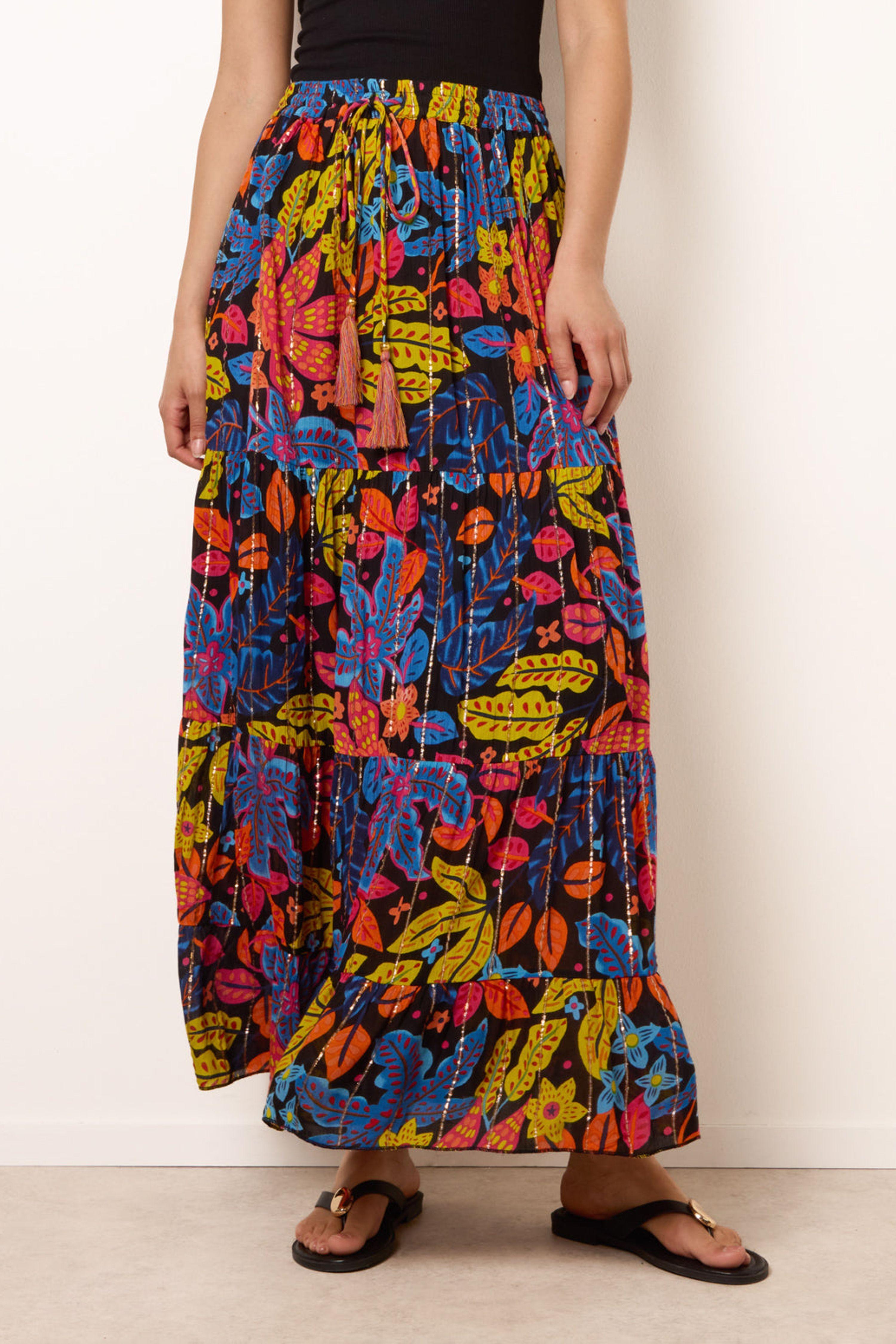 Black Tiered Bright Maxi Skirt by BLUE VANILLA