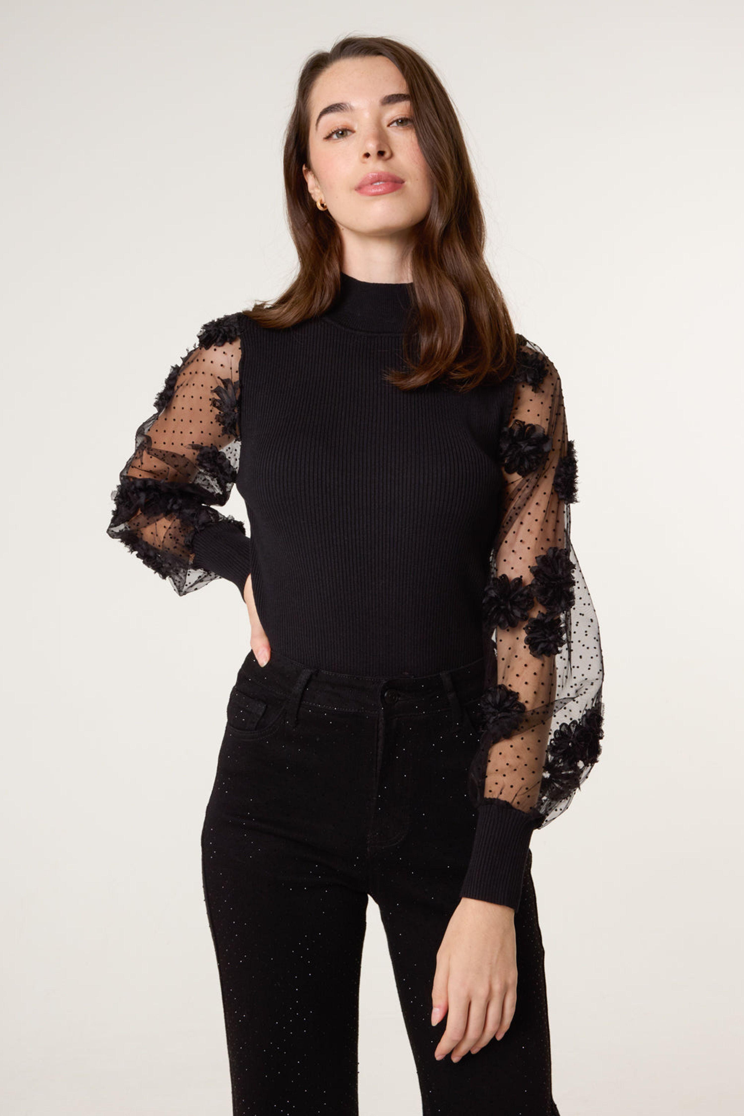 Black Turtleneck Jumper With Mesh Polka Dot And Flower Detail by BLUE VANILLA