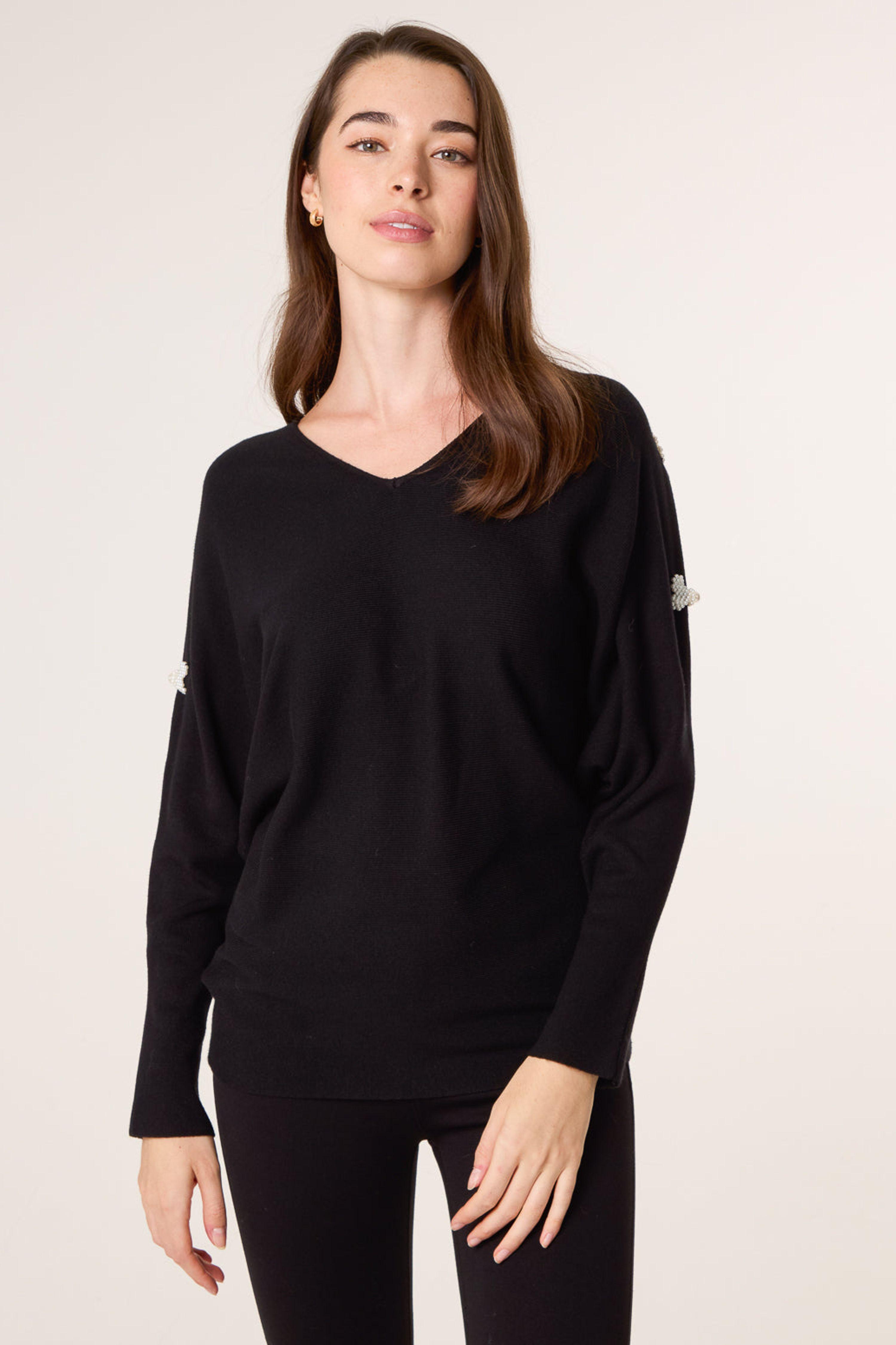 Black V-Neck Batwing Shoulder Pearl Detailing Jumper by BLUE VANILLA Black V-Neck Batwing Shoulder Pearl Detailing Jumper by BLUE VANILLA