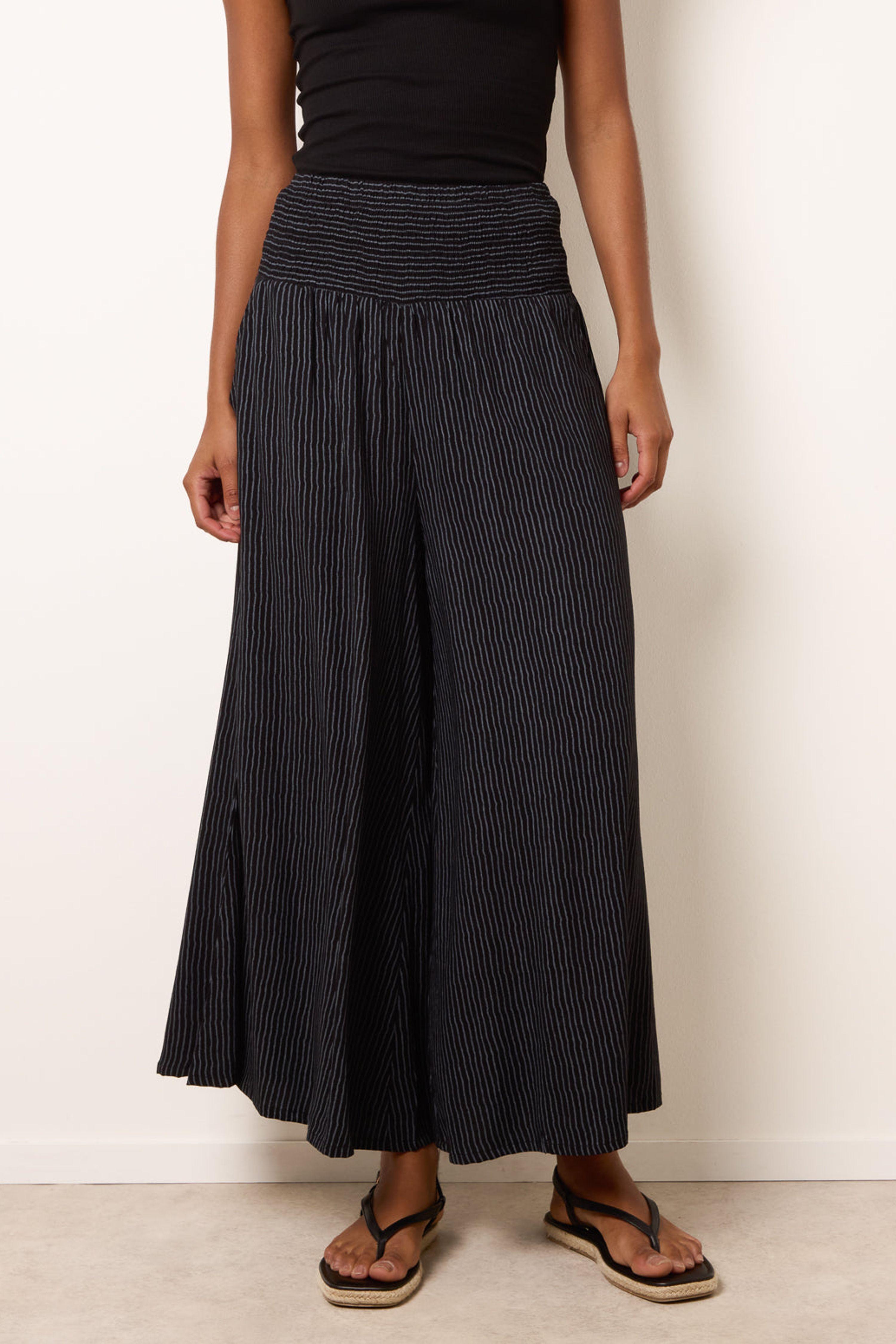 Black Wide Leg Shirred Waist Wavy Trousers by BLUE VANILLA