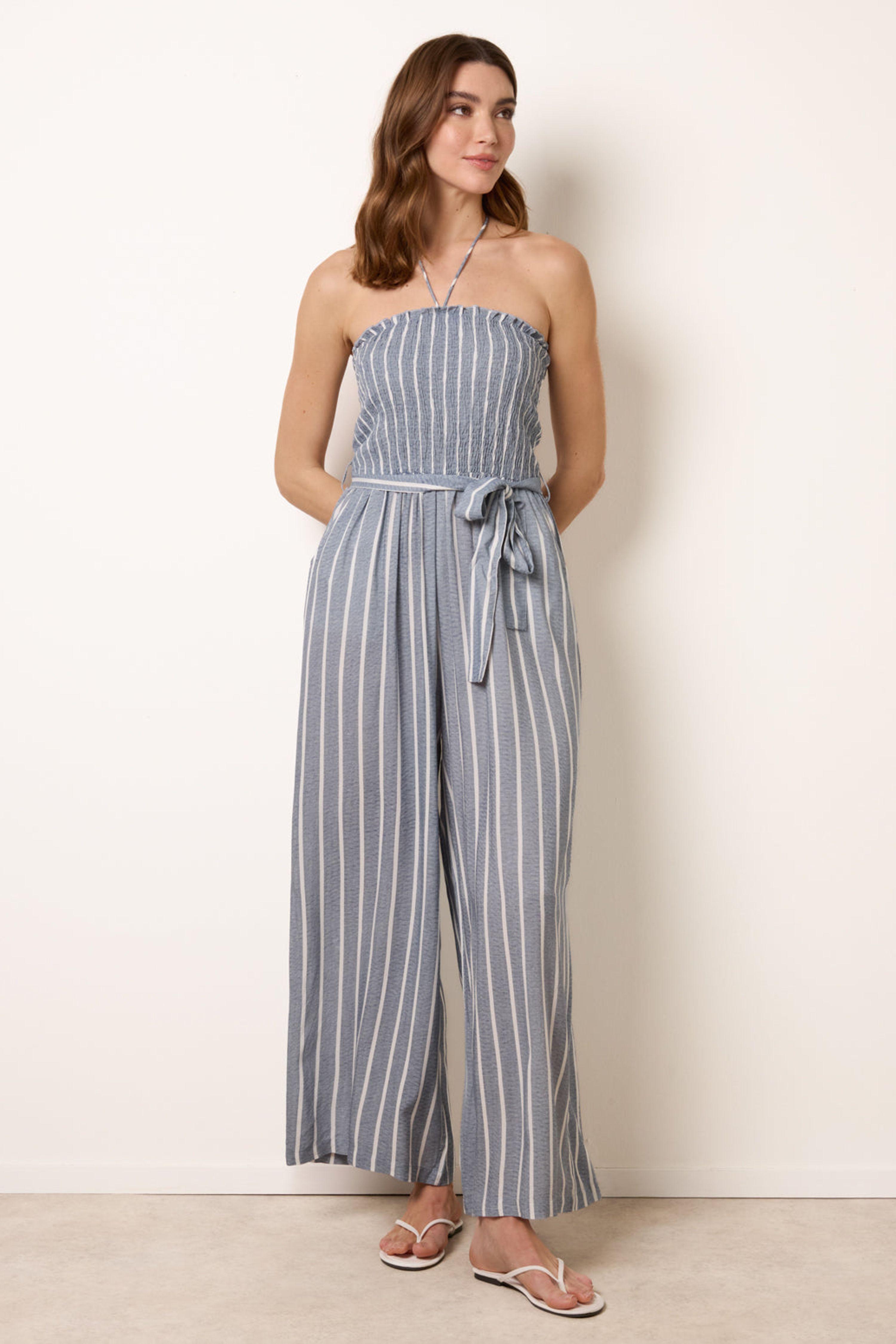 Blue Bardot Tie Neck Pinstripe Jumpsuit by BLUE VANILLA