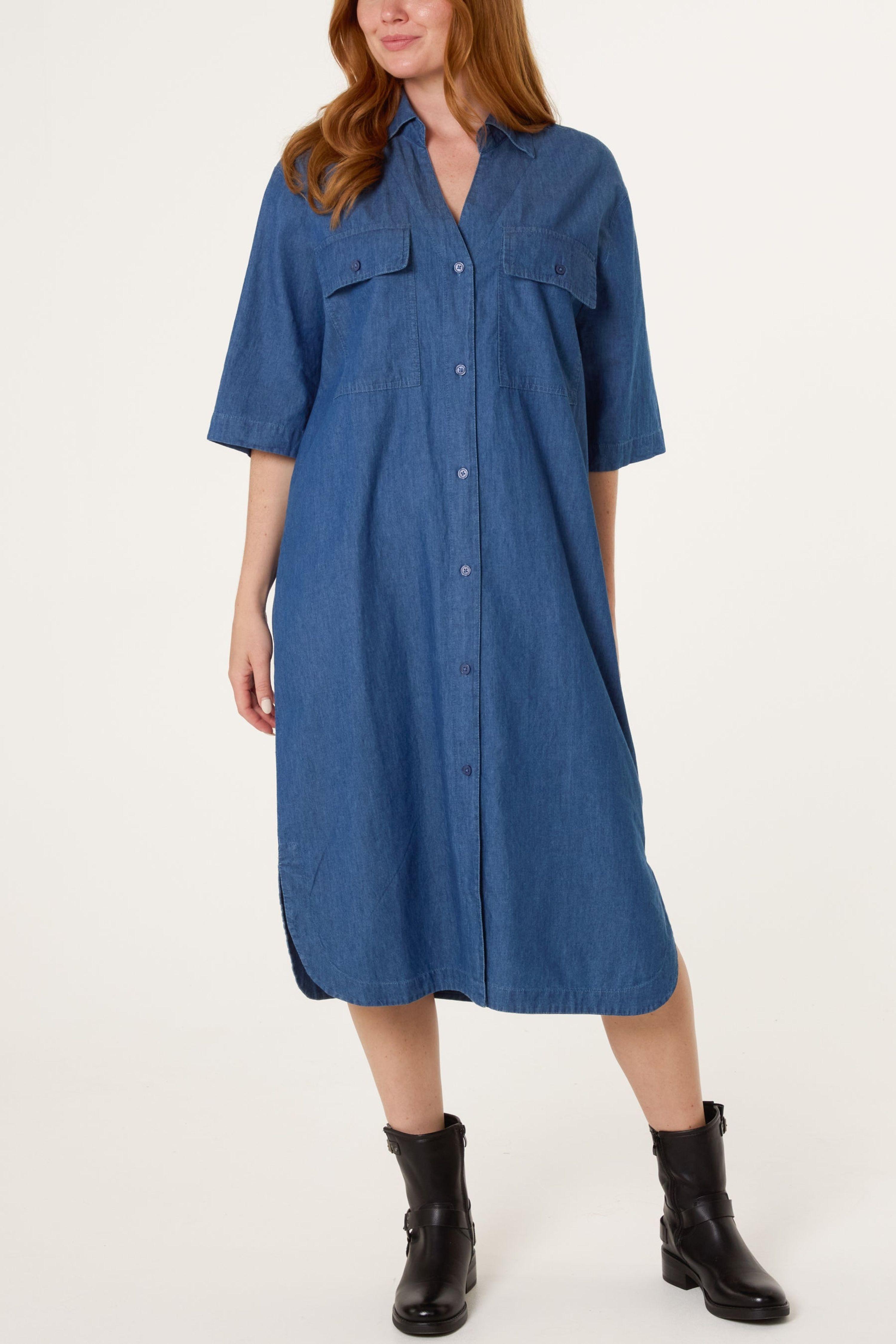 Blue Button Front Denim Shirt Dress by BLUE VANILLA