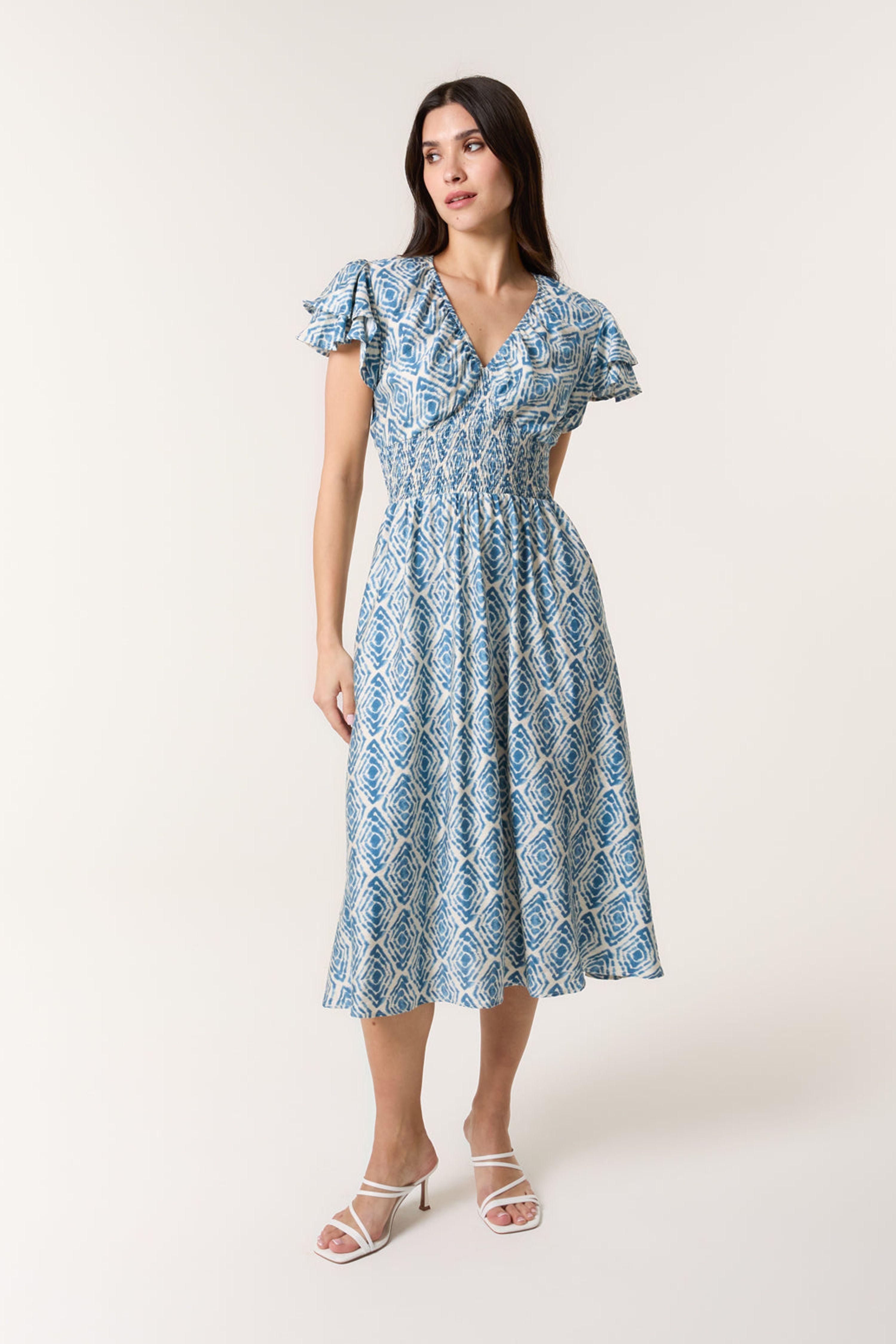 Blue Double Frill Shirred Midi Dress by BLUE VANILLA