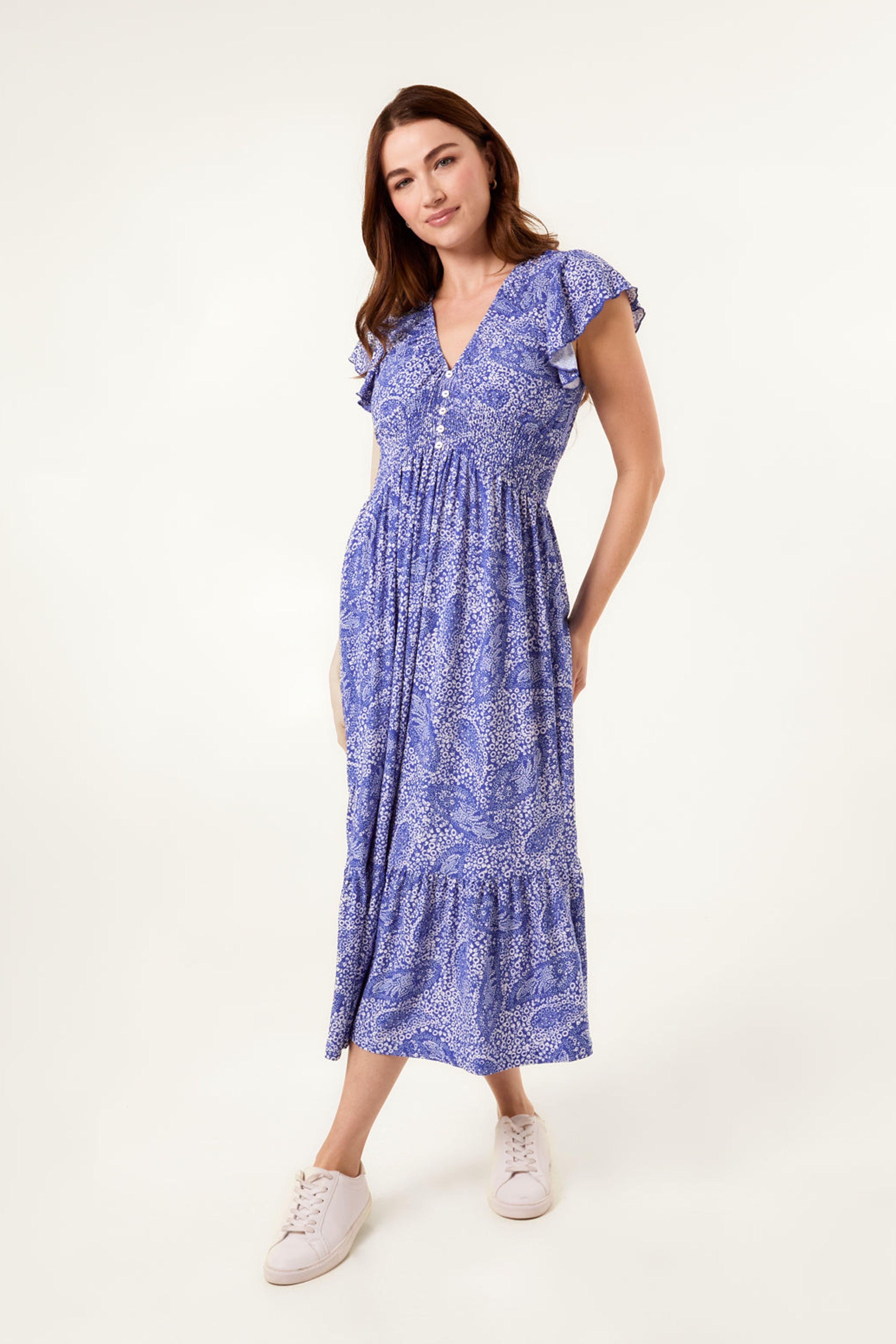 Blue Frill Sleeve V Neck Button Front Midi Dress by BLUE VANILLA
