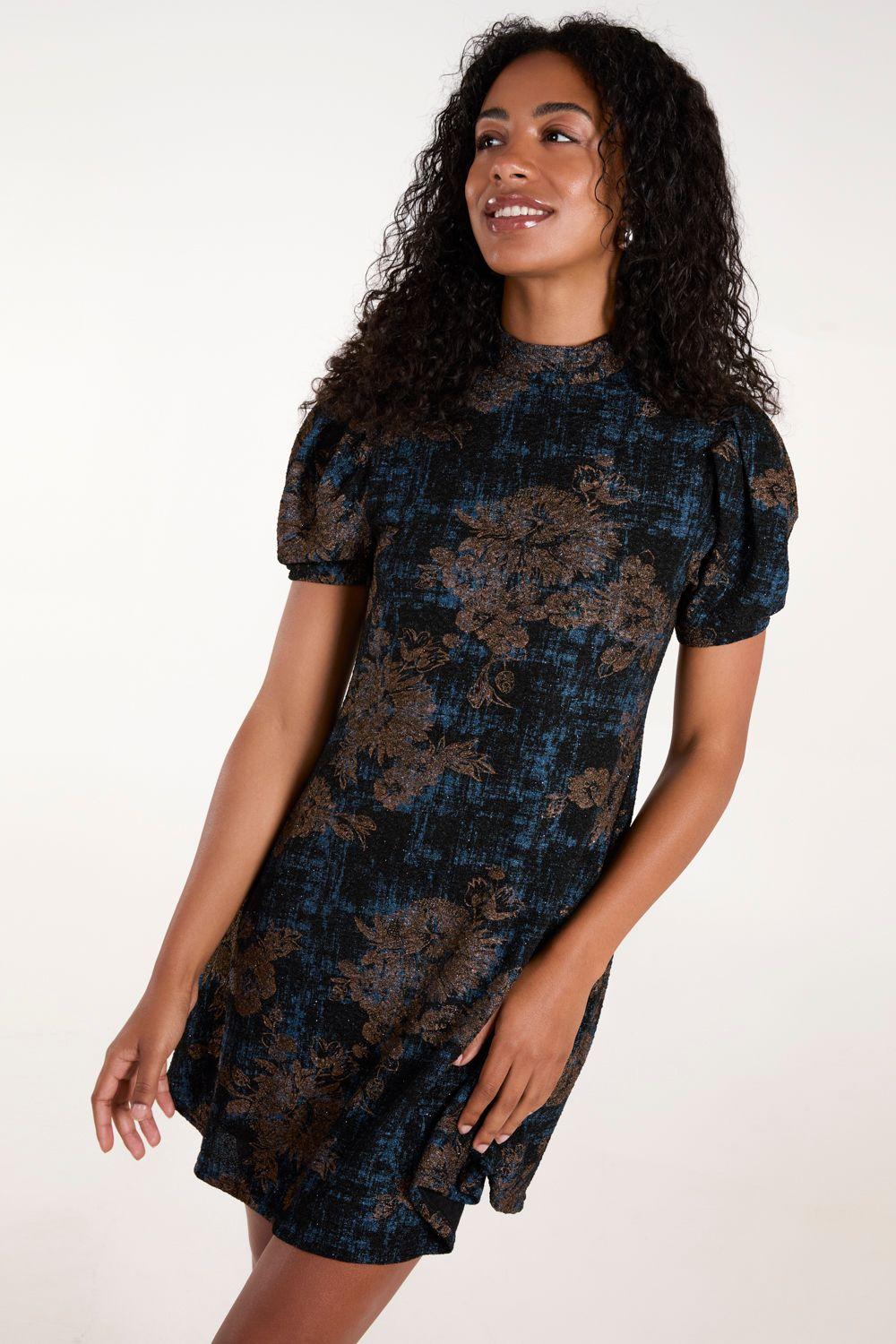 Blue High Neck Puff Sleeve Dress by BLUE VANILLA