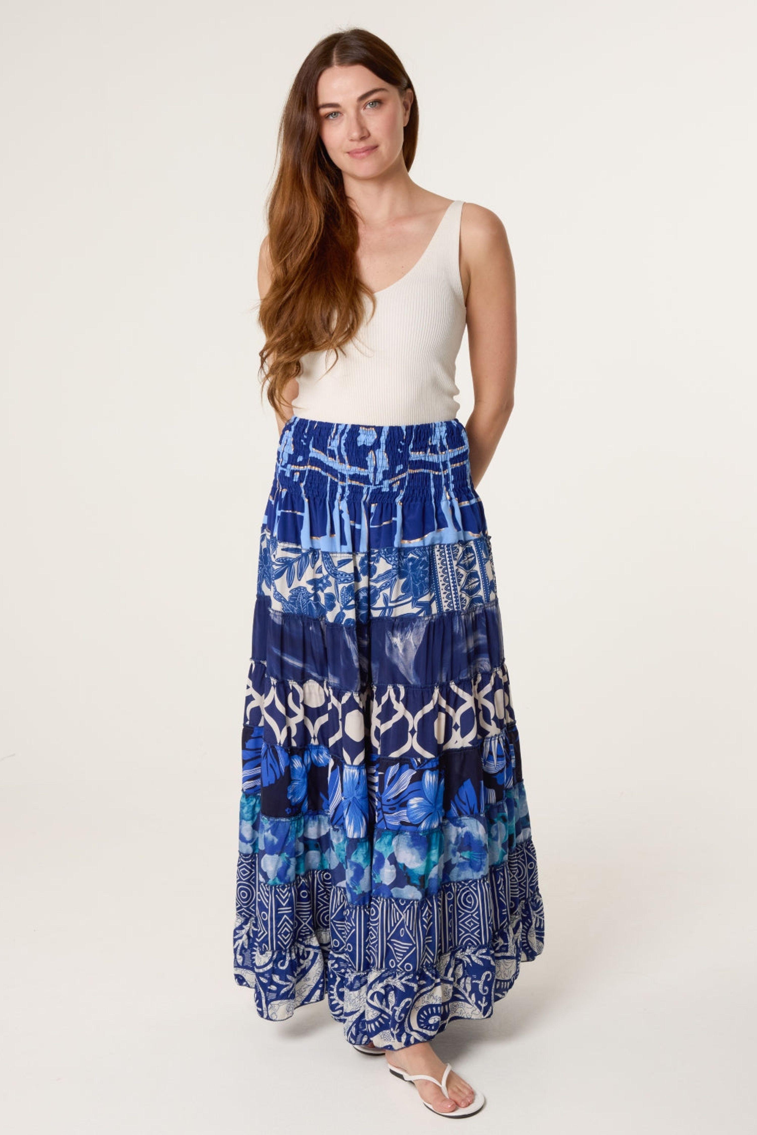 Blue Multi Print Shirred Skirt by BLUE VANILLA