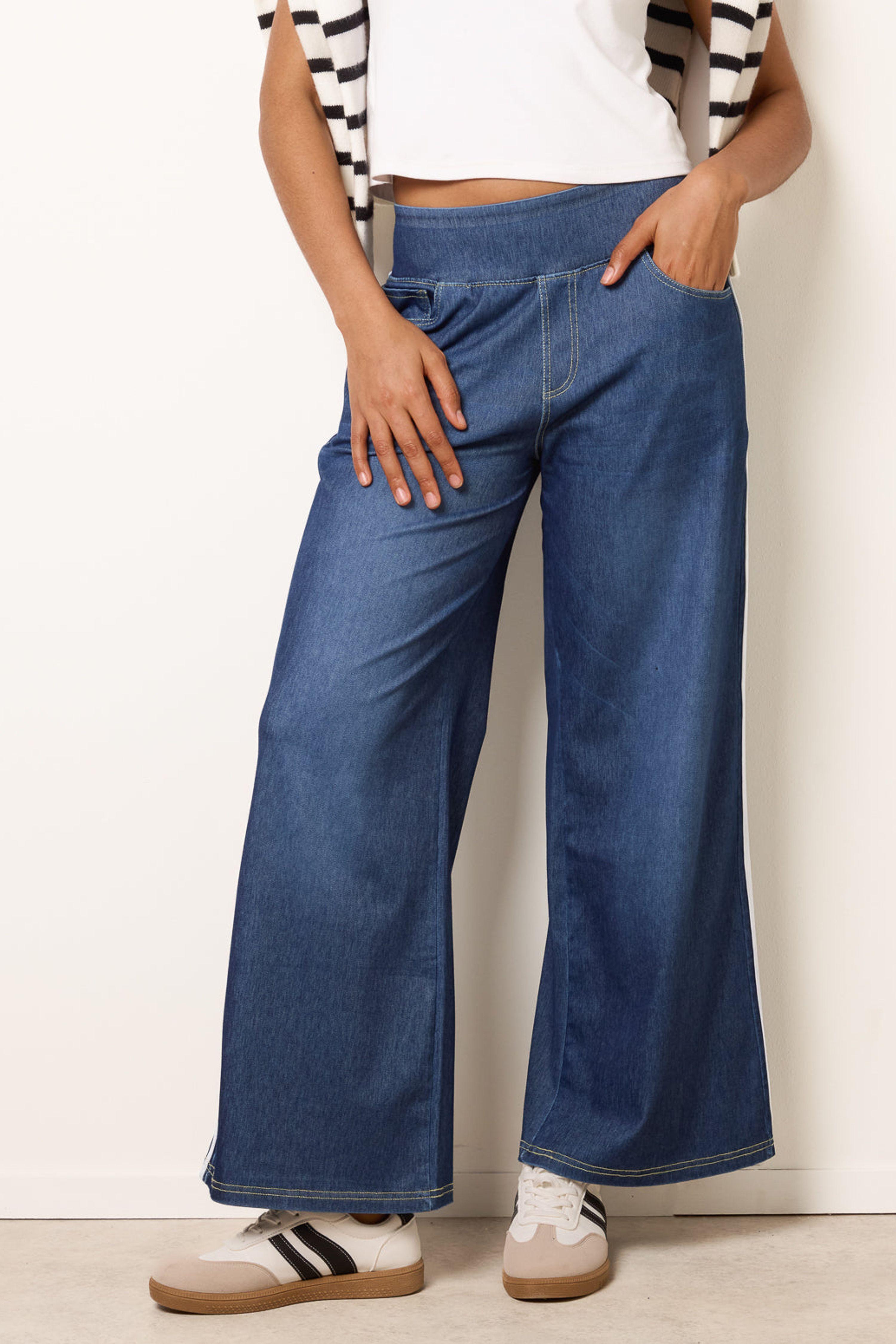 Blue Multi Stretch Side Stripe Deep Waistband Trousers by BLUE VANILLA
