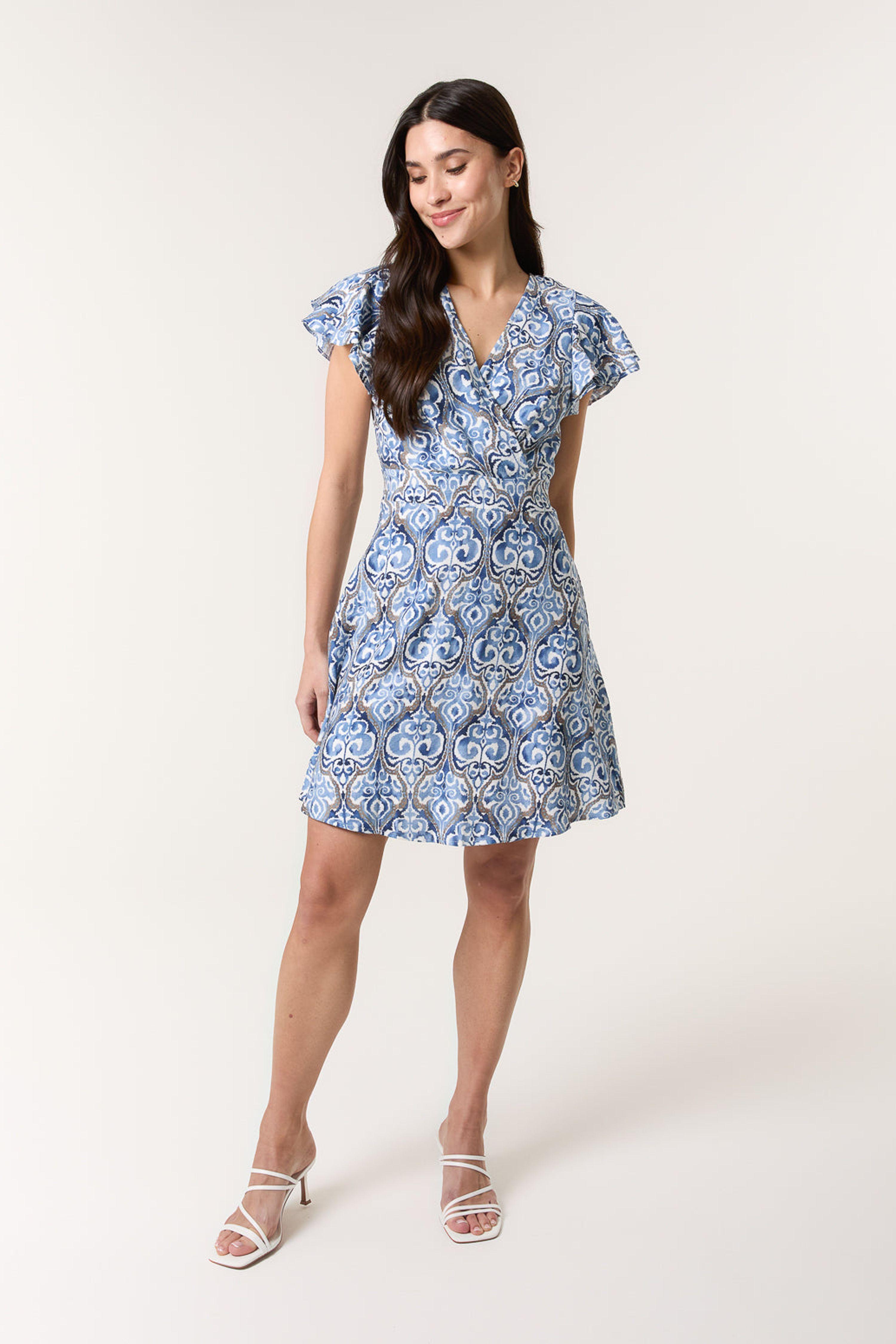 Blue Printed Wrap Front Belted Waist Dress by BLUE VANILLA