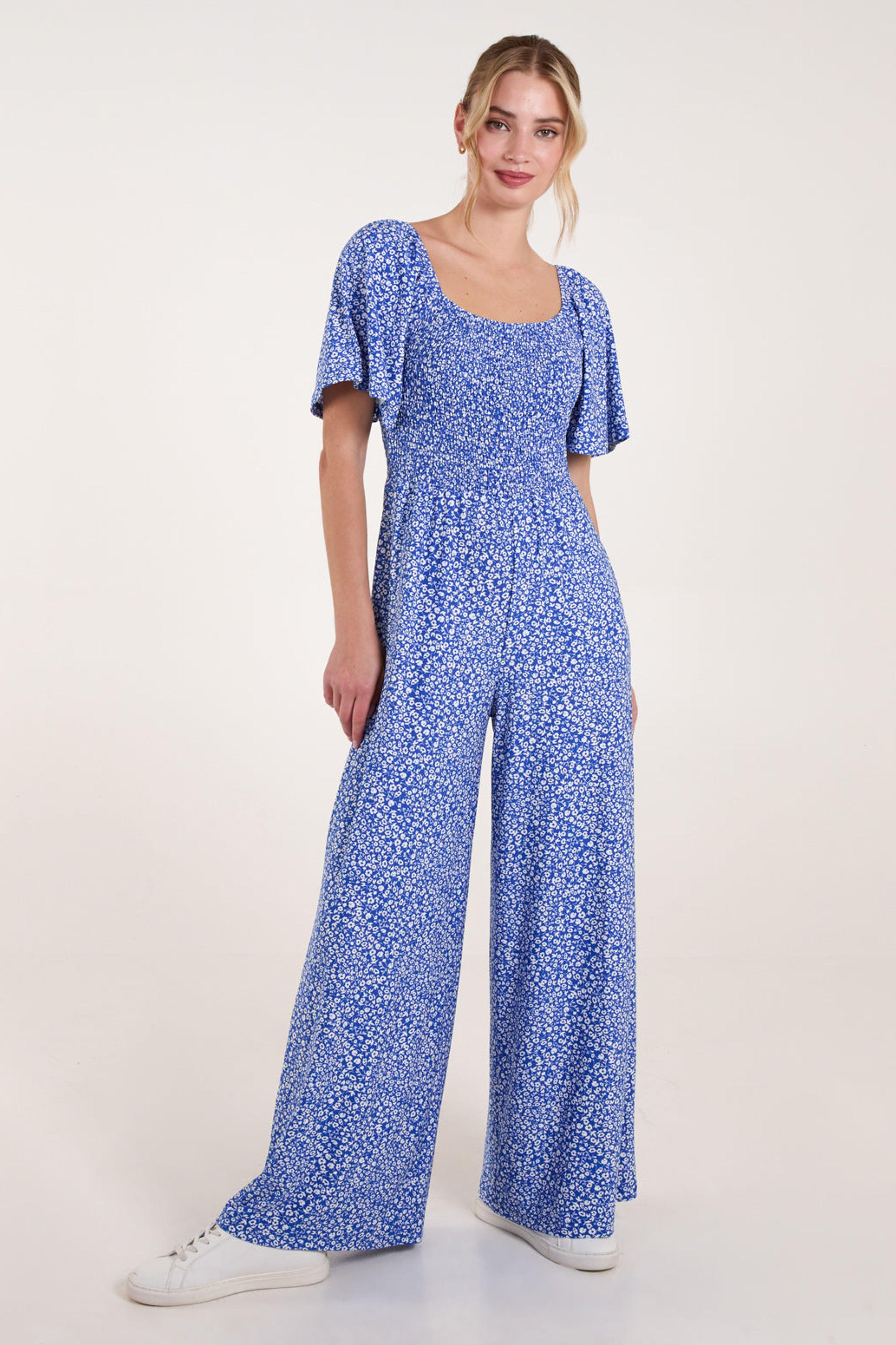 Blue Square Neck Shirred Waist Angel Sleeve Wide Leg Jumpsuit by BLUE VANILLA