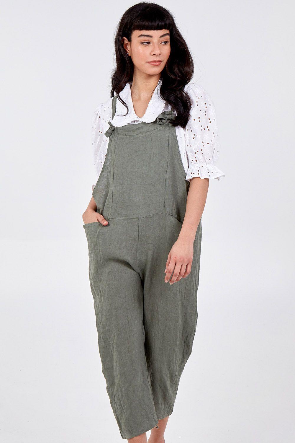 Bow Detail Linen Dungarees by BLUE VANILLA