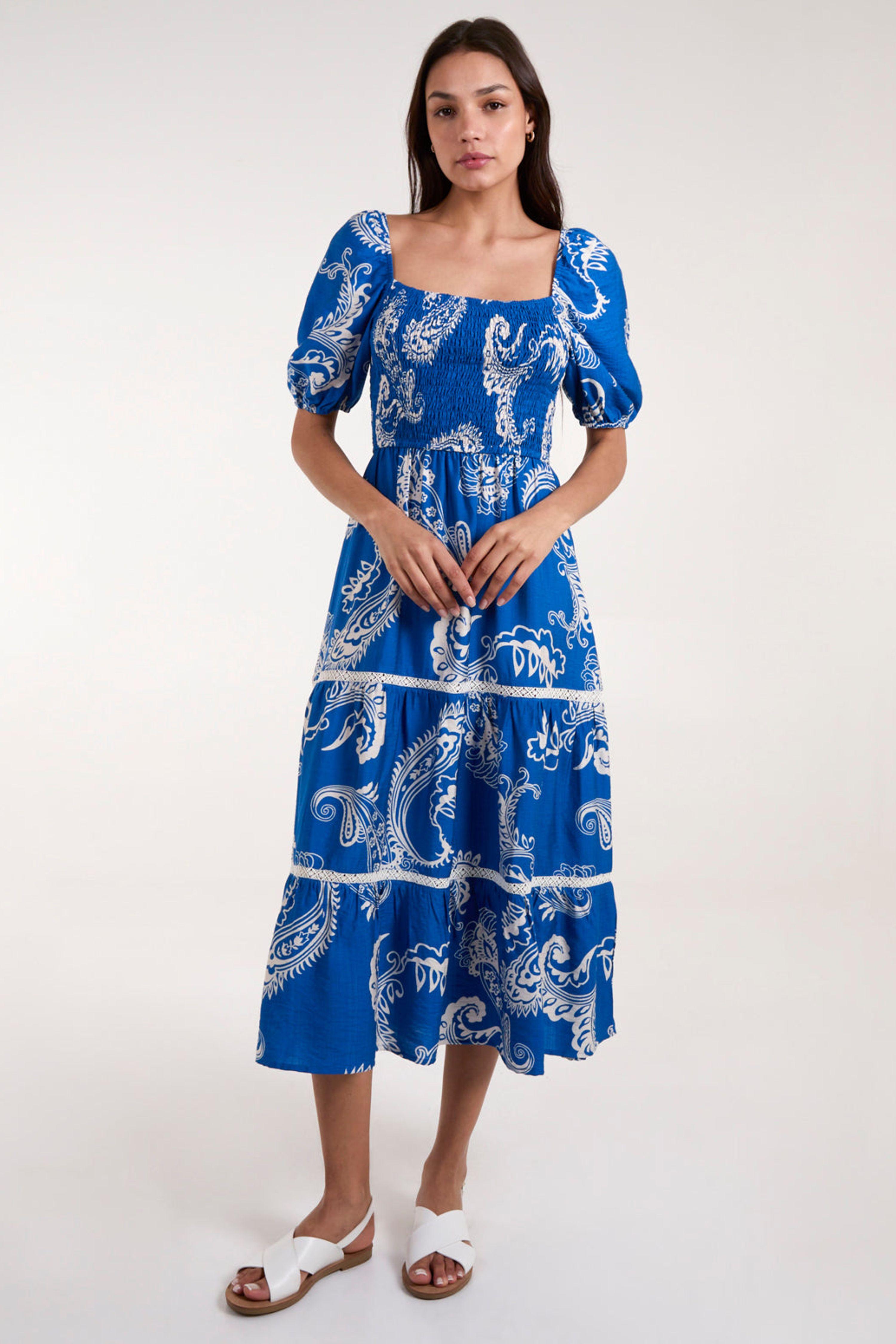 Bright Blue Square Neck Puff Sleeve Shirred Waist Midi Dress by BLUE VANILLA