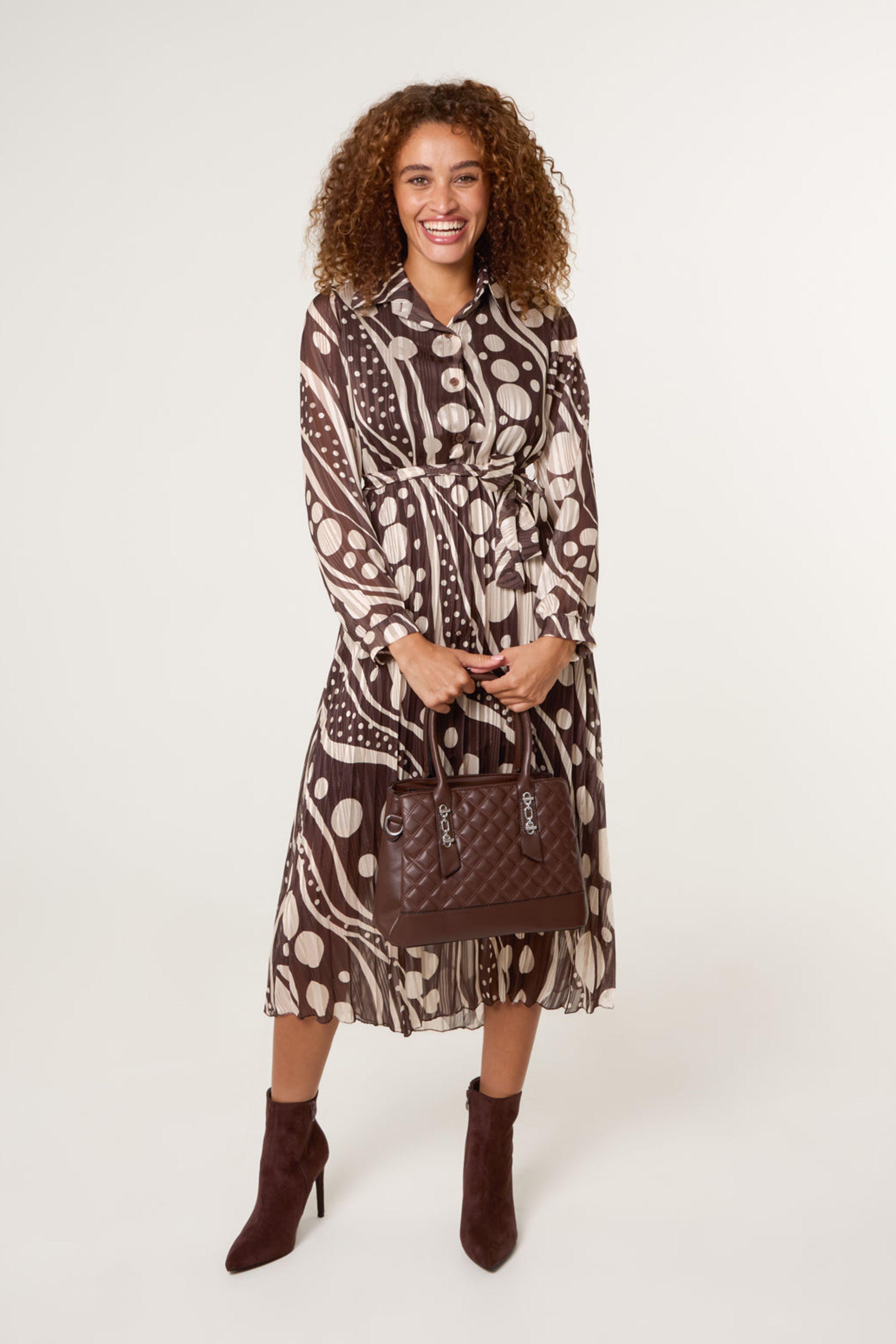 Brown Abstract Polka Dot Dress With Metallic Stripe by BLUE VANILLA