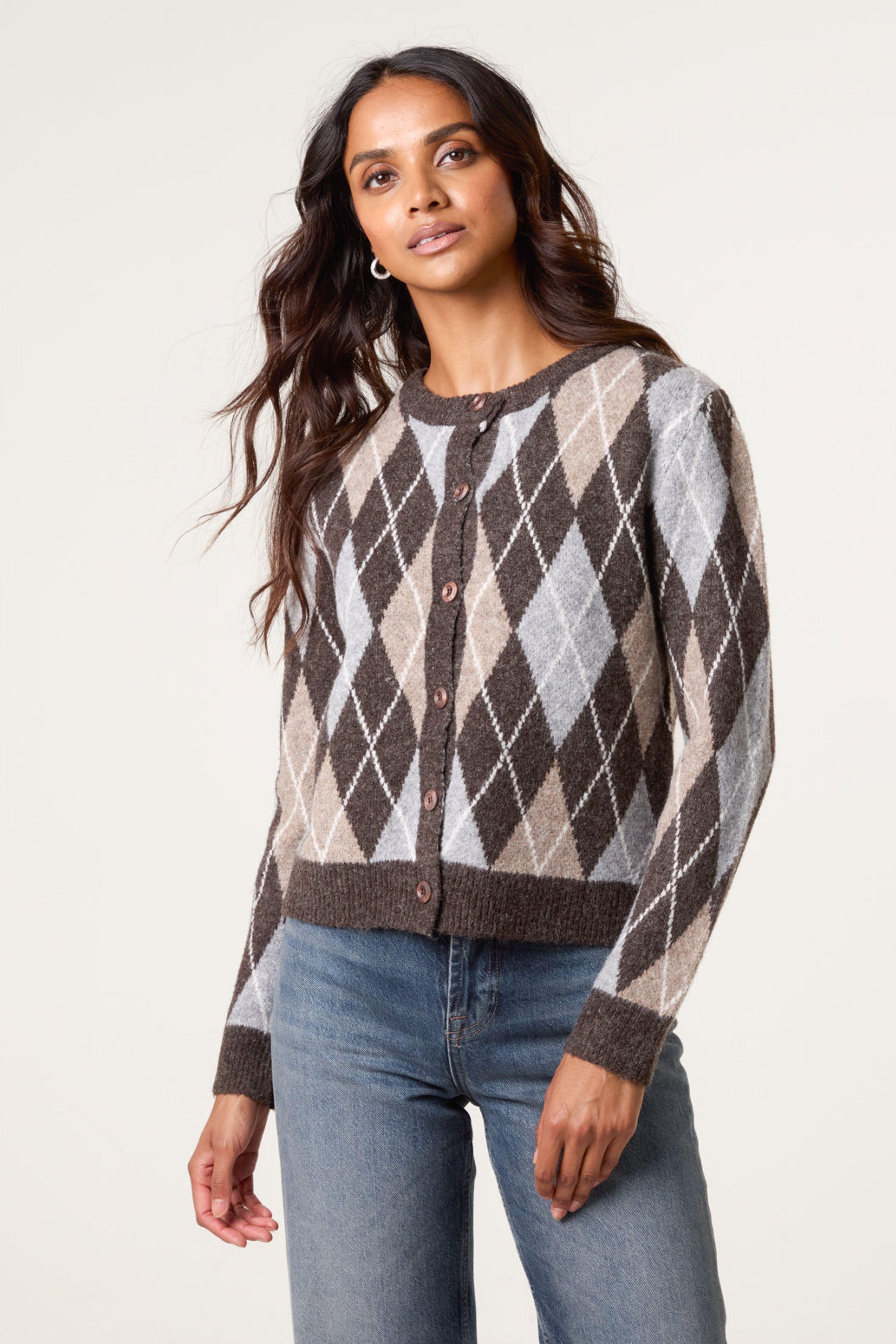 Brown Argyle Knit Button Front Cardigan by BLUE VANILLA