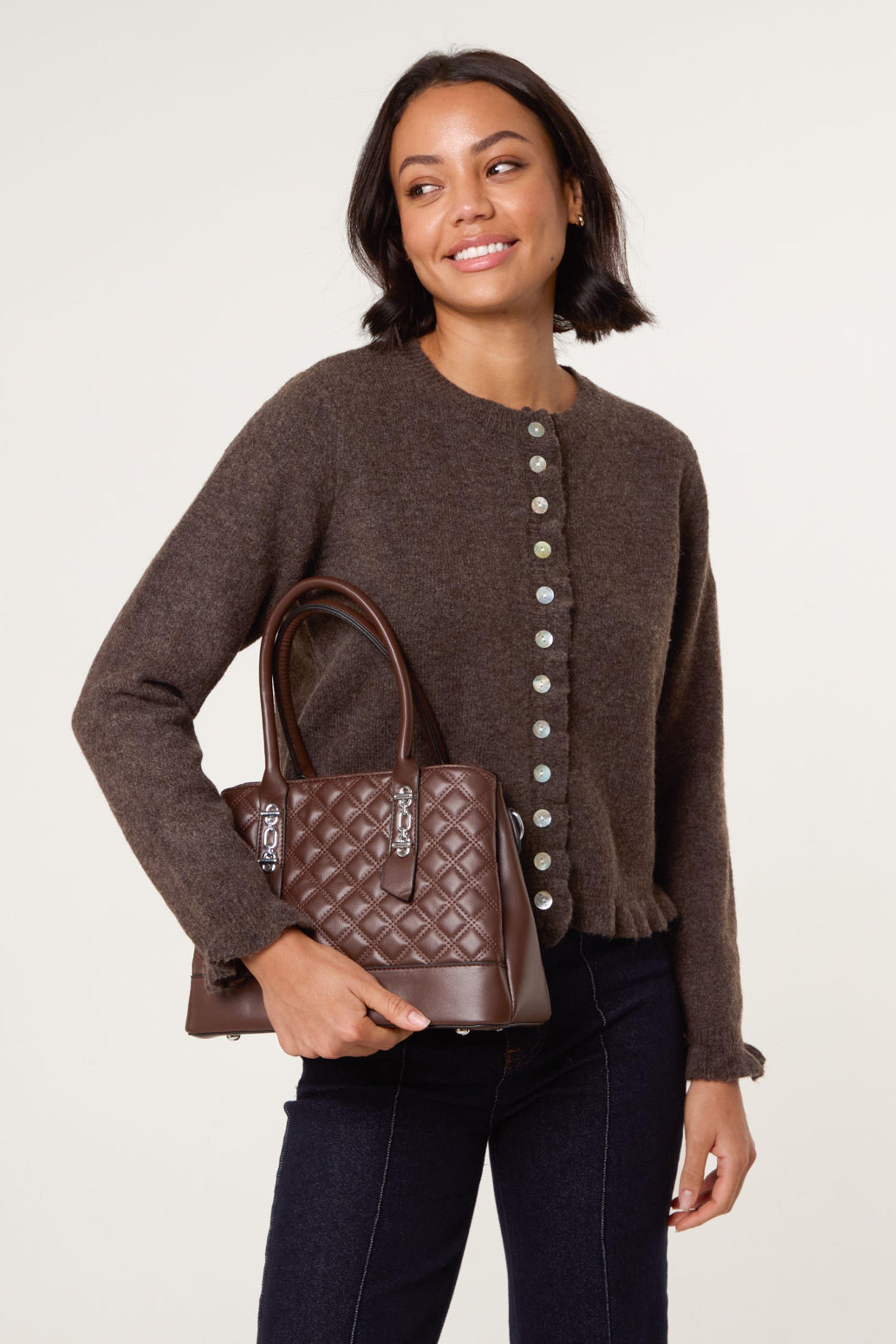 Brown Cardigan With Ruffle Trim by BLUE VANILLA