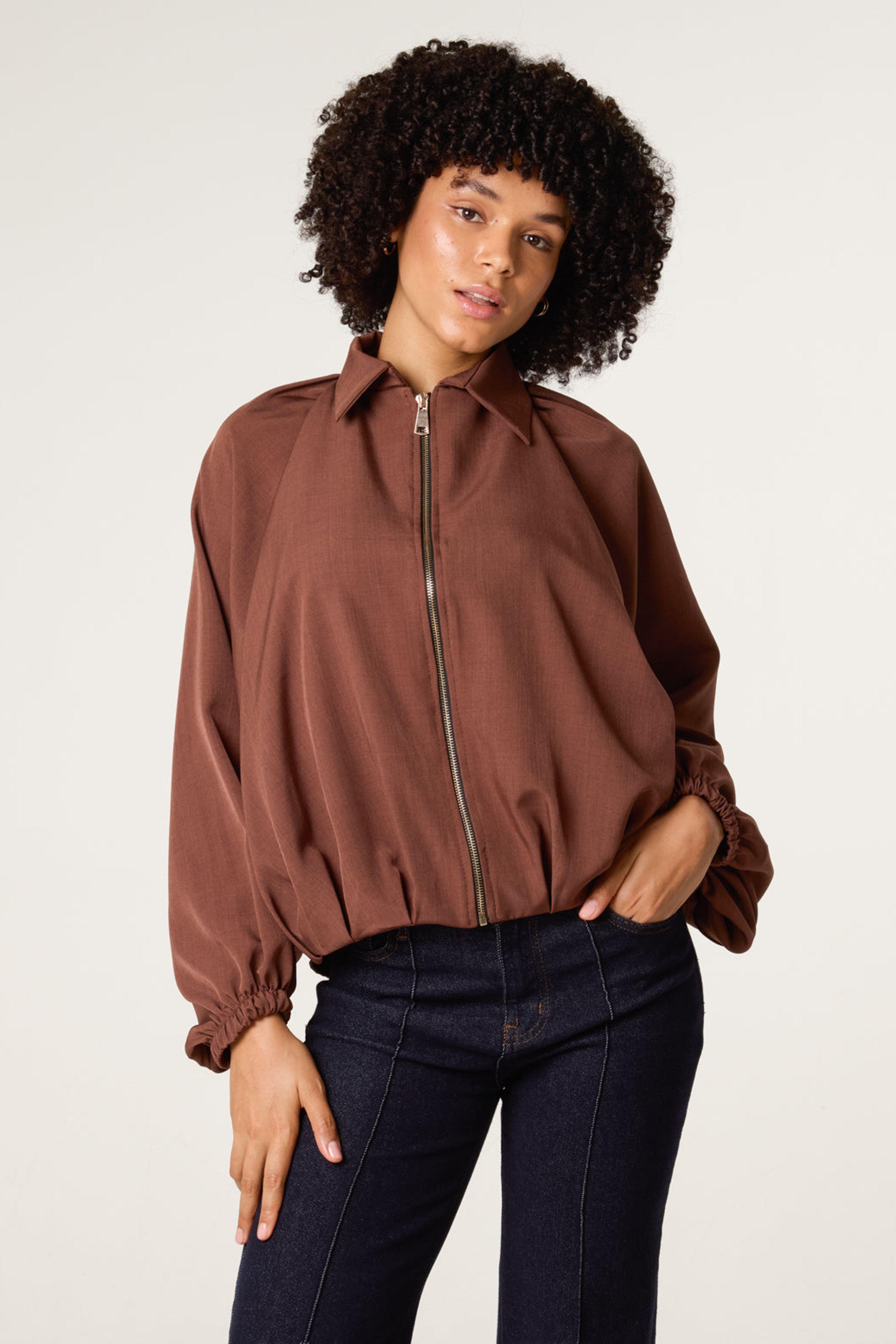 Brown Drape Puffball Zipper Jacket by BLUE VANILLA
