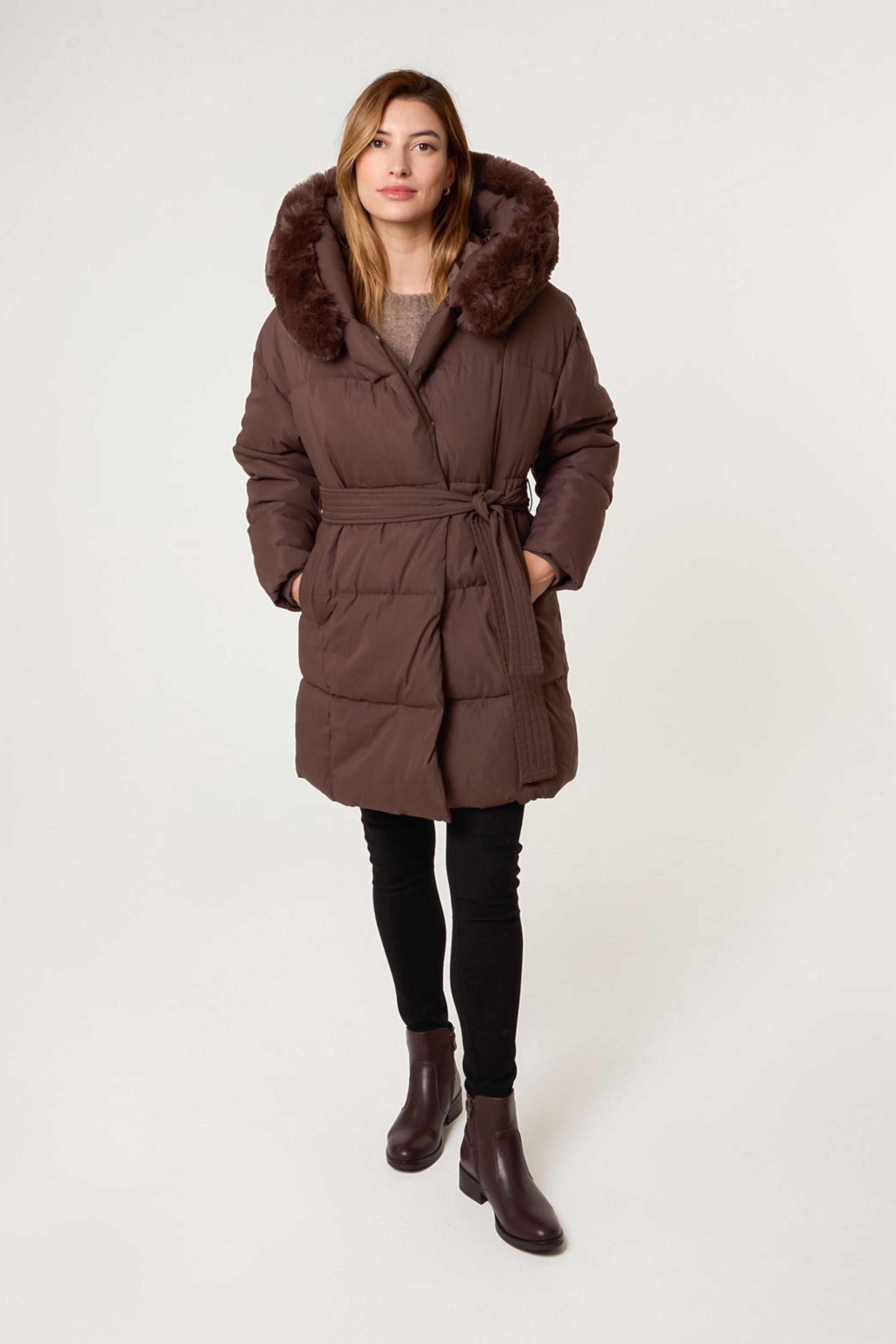 Brown Faux Fur Hood Puffer Coat by BLUE VANILLA