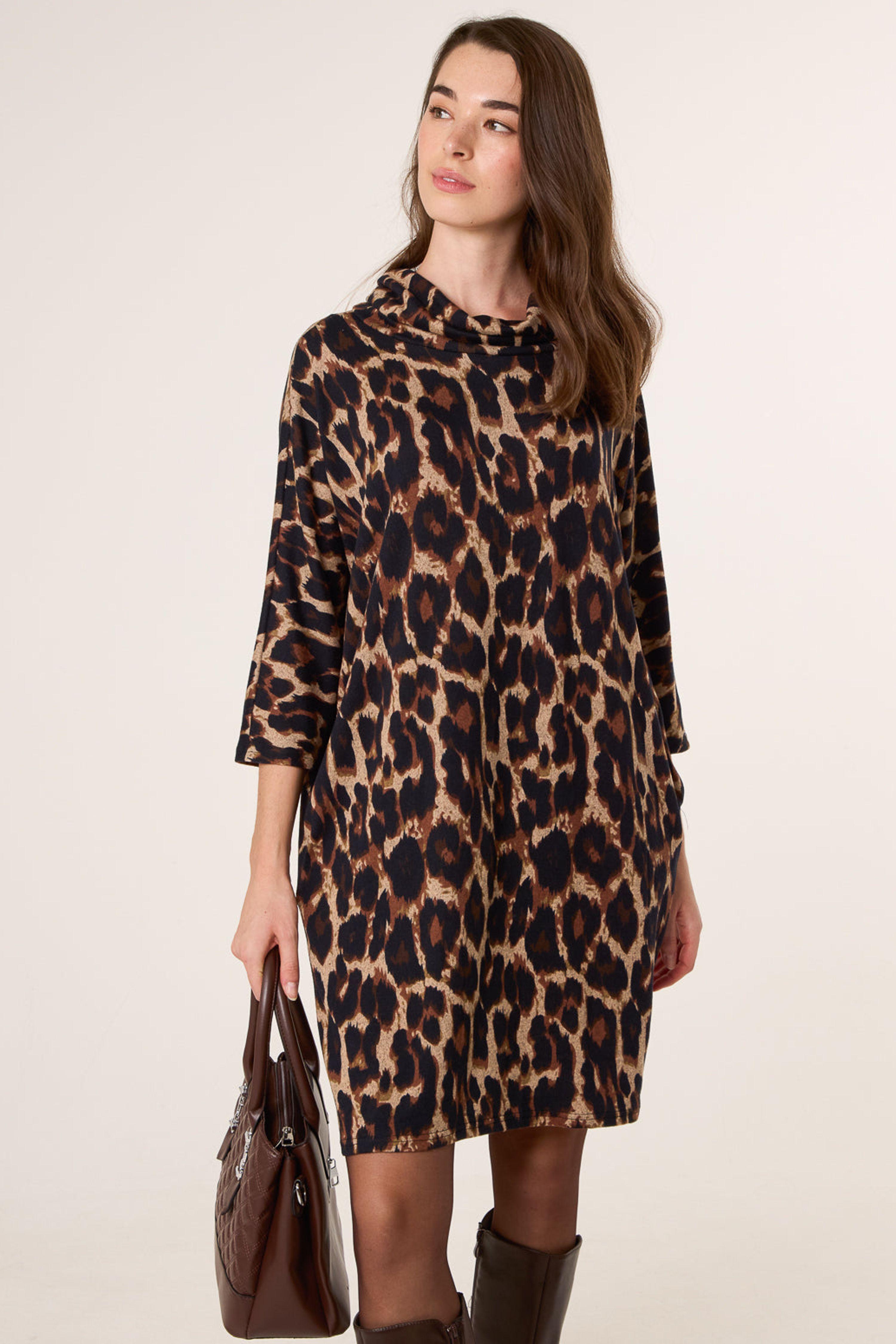 Brown Leopard Print Draped Cowl Neck Tunic Dress by BLUE VANILLA