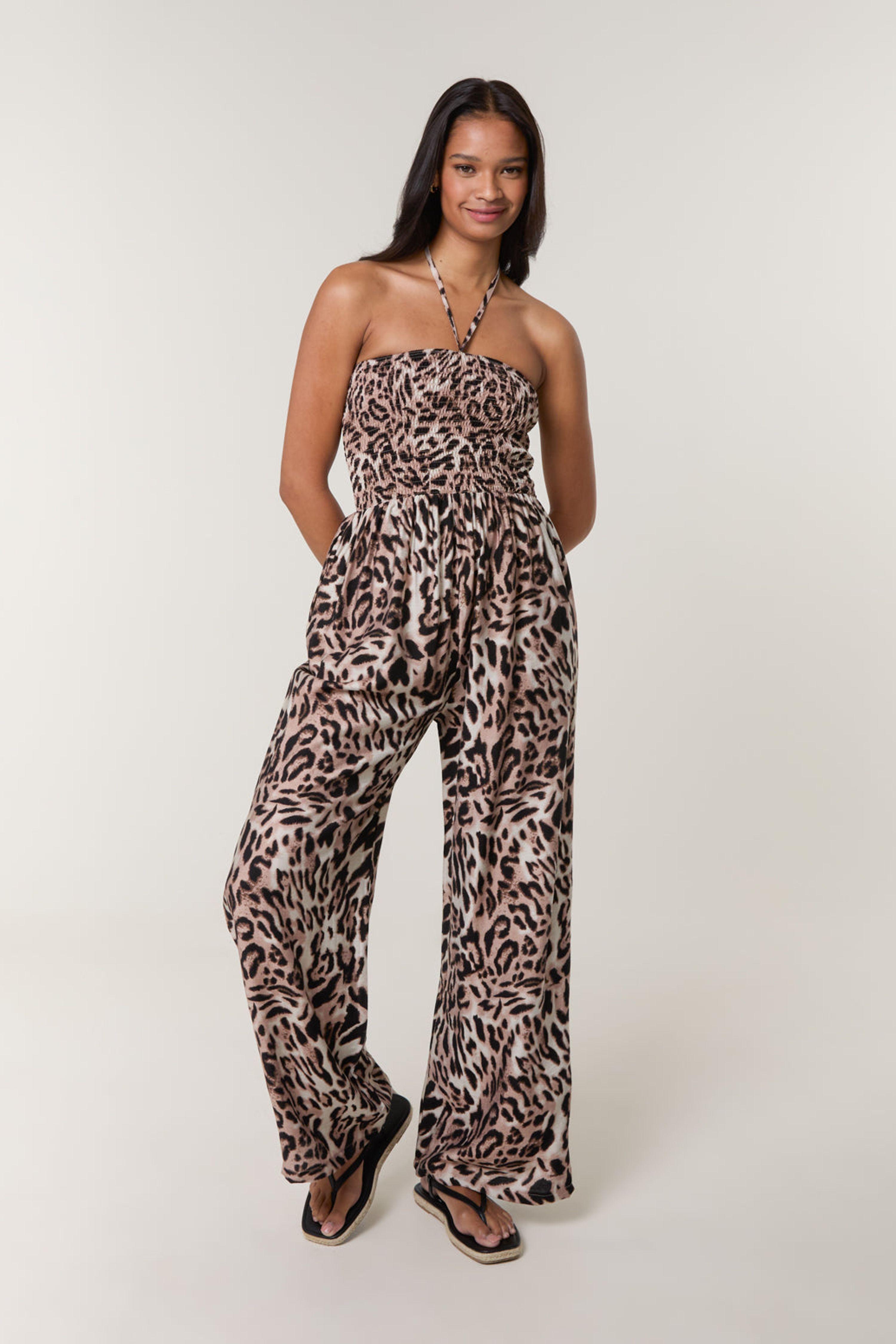 Brown Leopard Print Shirred Waist Jumpsuit by BLUE VANILLA