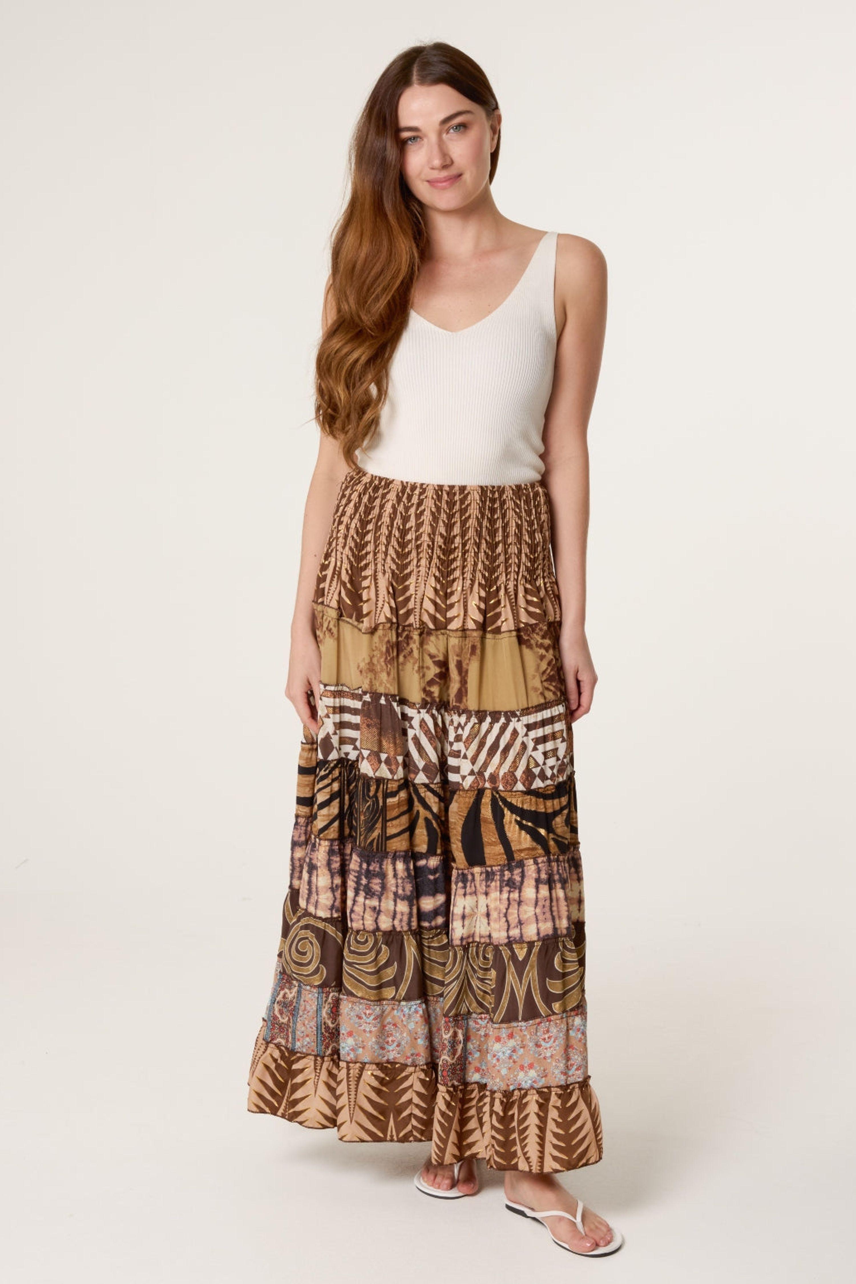 Brown Multi Print Shirred Skirt by BLUE VANILLA