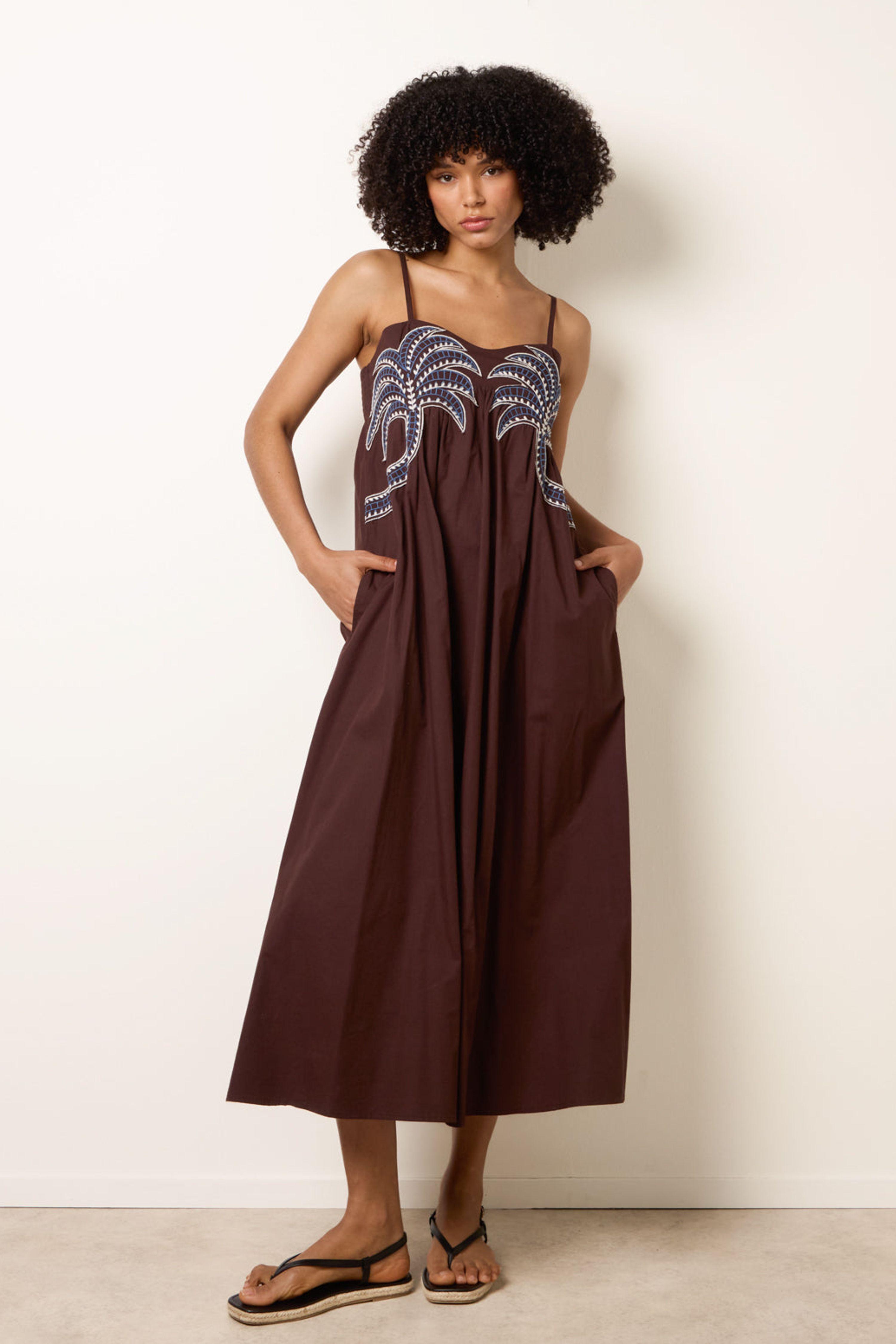 Brown Palm Tree Embroidery Smock Dress by BLUE VANILLA