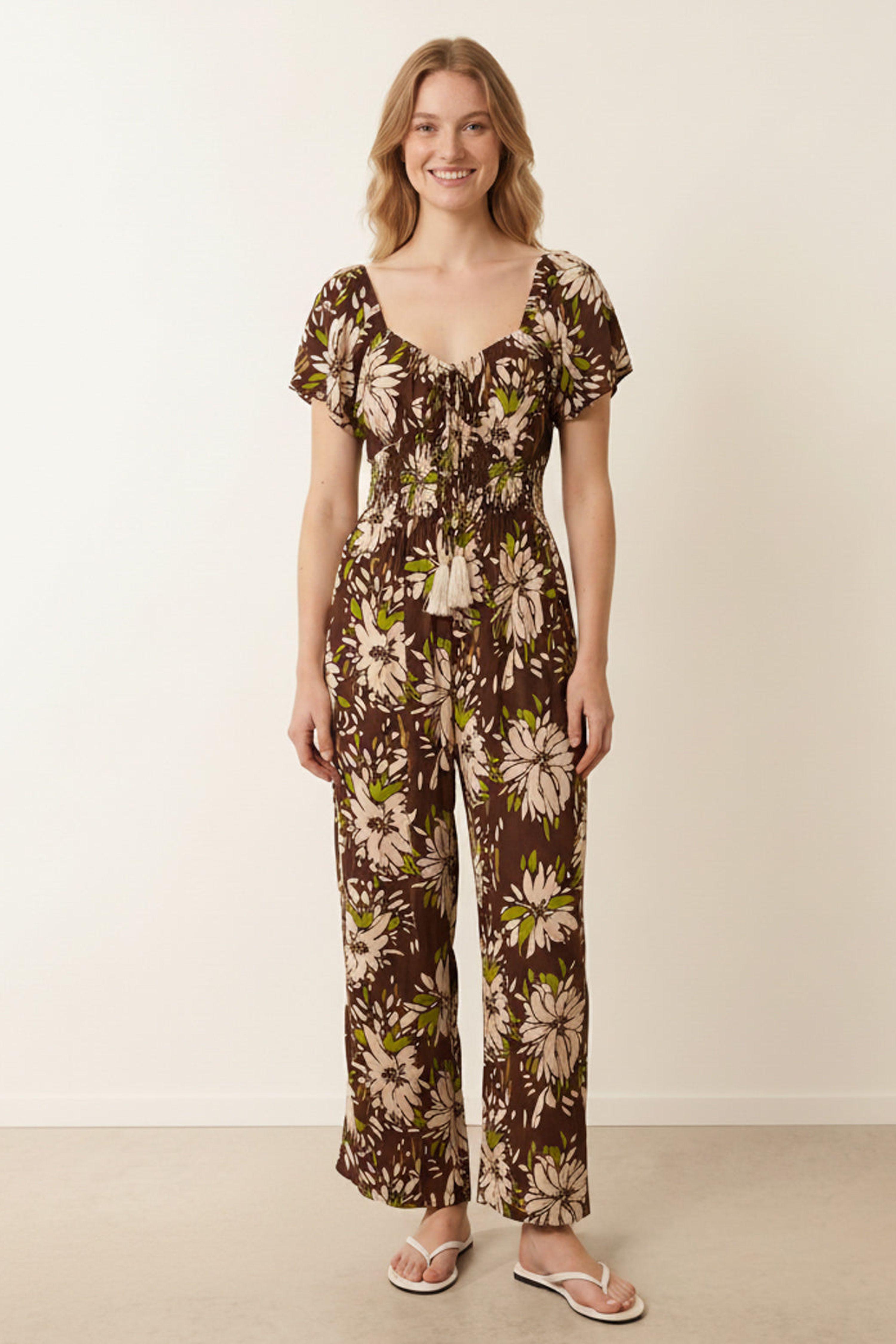 Brown Shirred Waist Wide Leg Jumpsuit by BLUE VANILLA