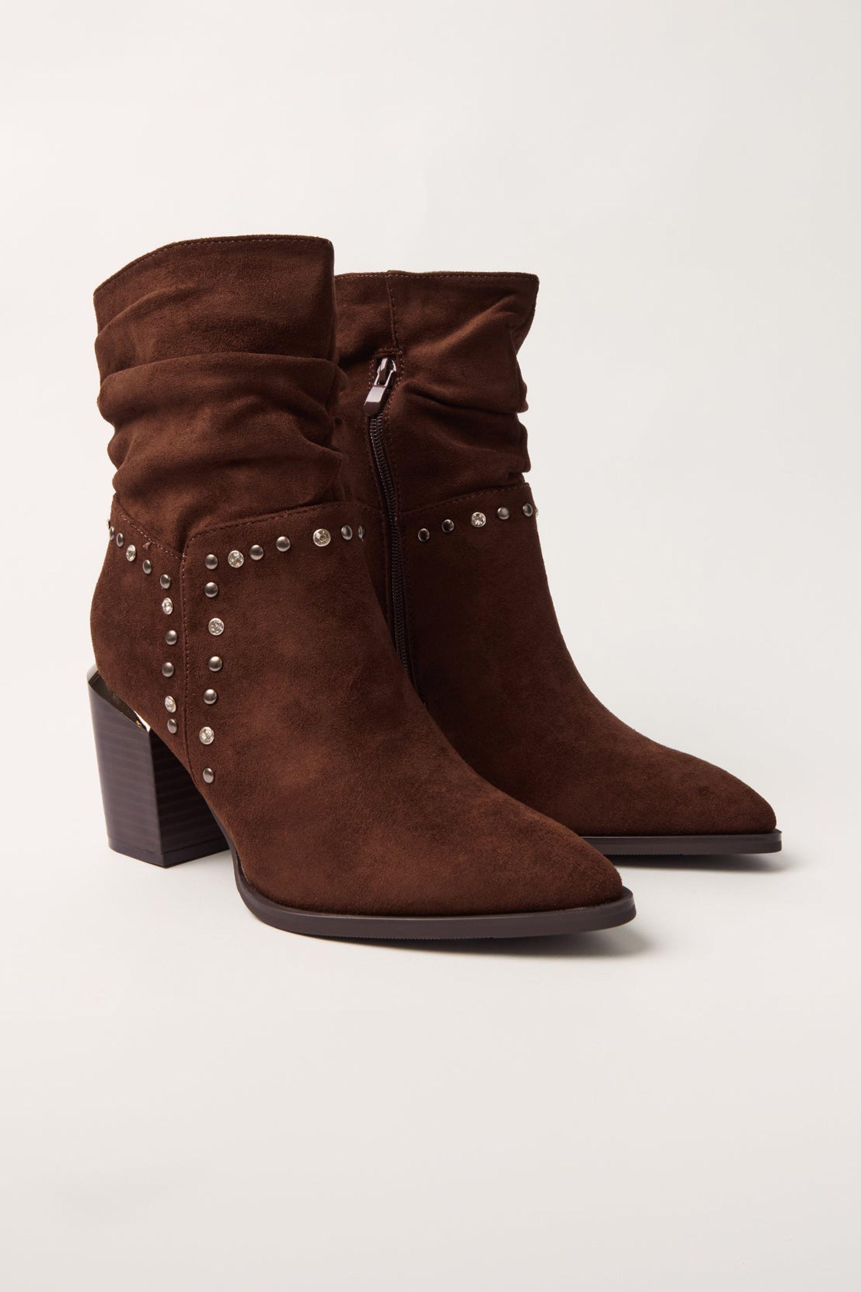 Brown Studded Cowboy Ankle Boots by BLUE VANILLA