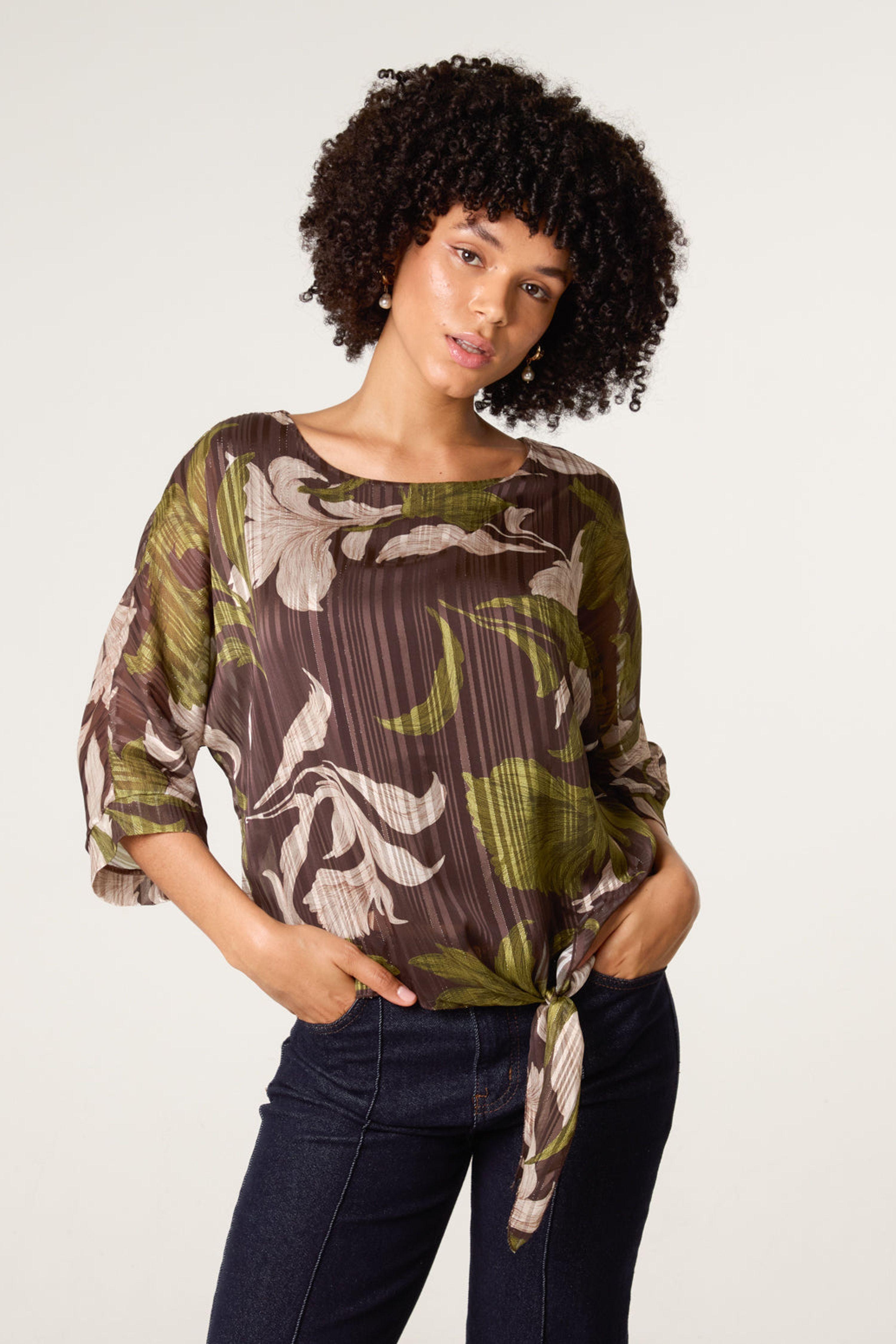 Brown Tie Knit Metallic Chiffon Top by BLUE VANILLA