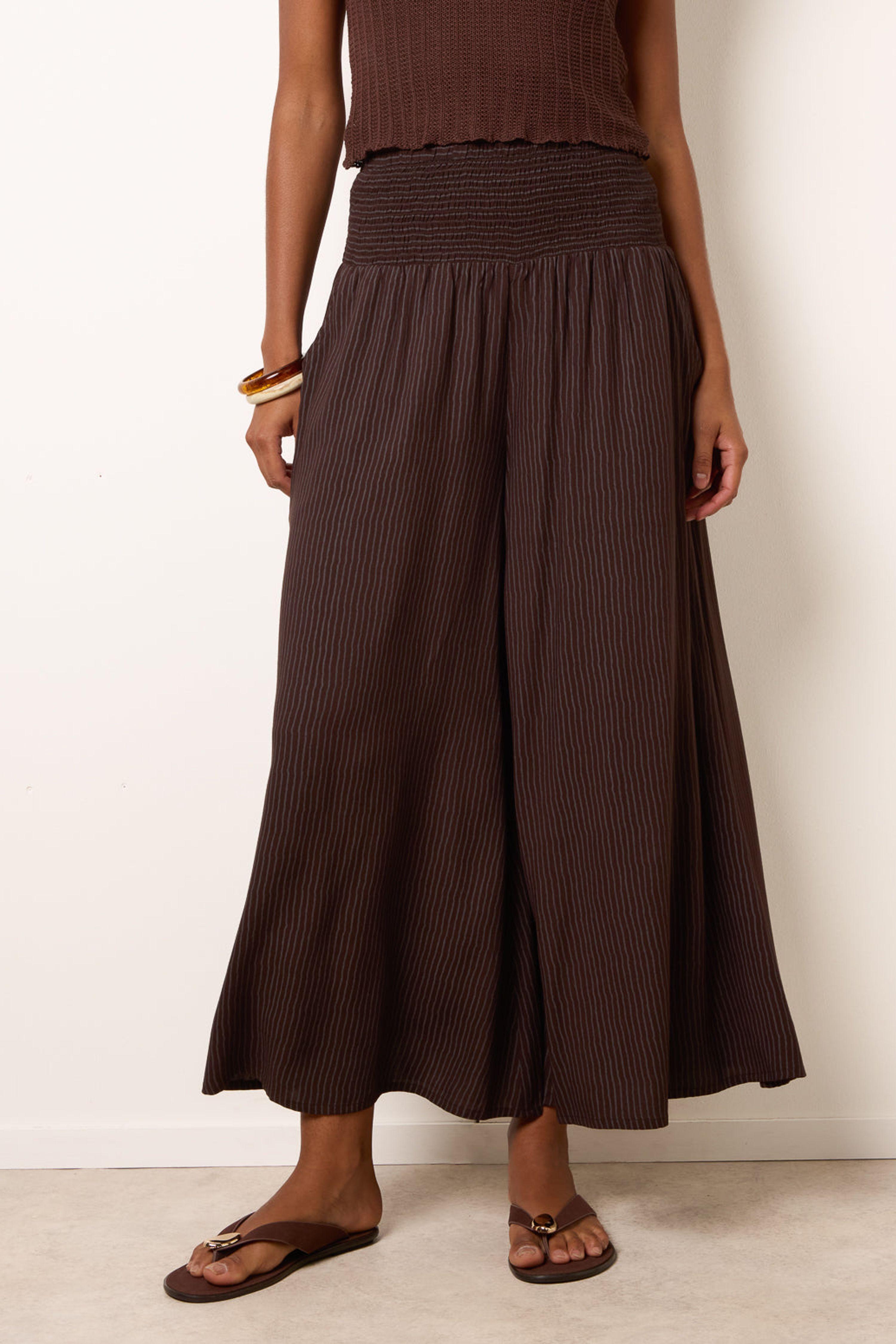 Brown Wide Leg Shirred Waist Wavy Trousers by BLUE VANILLA