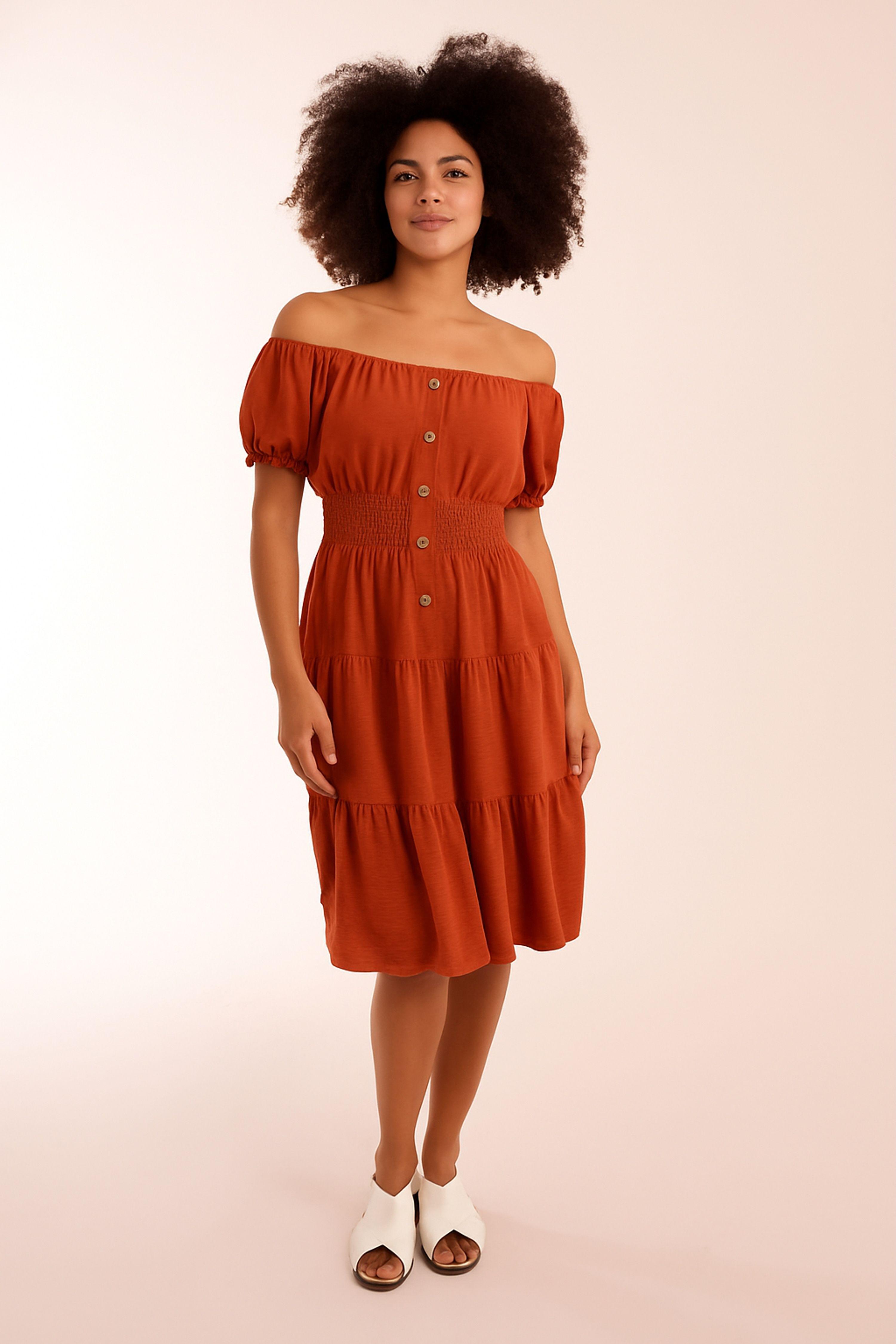Burnt Orange Coconut Button Bardot Dress by BLUE VANILLA