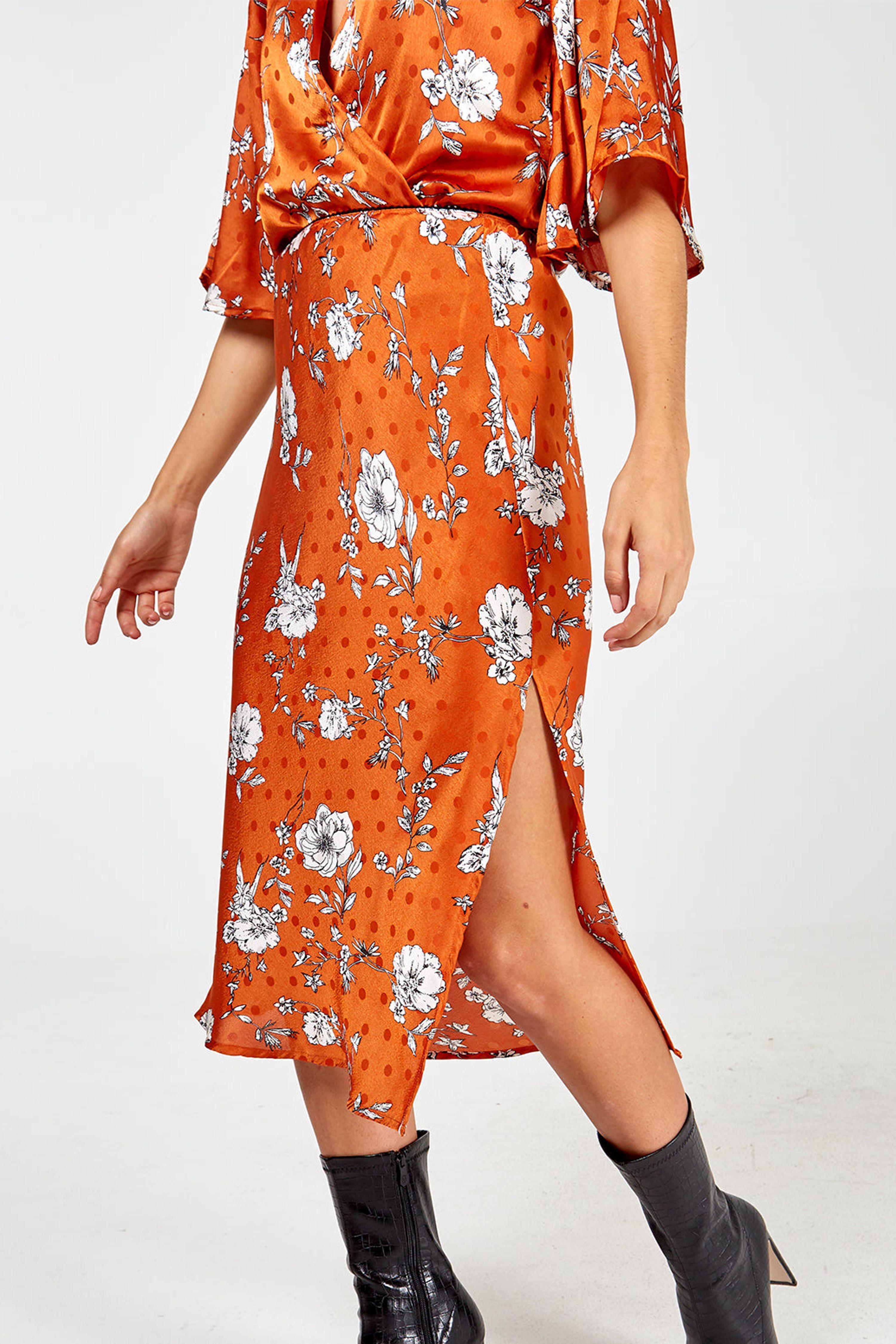 Burnt Orange Floral Spot Midi Skirt by BLUE VANILLA