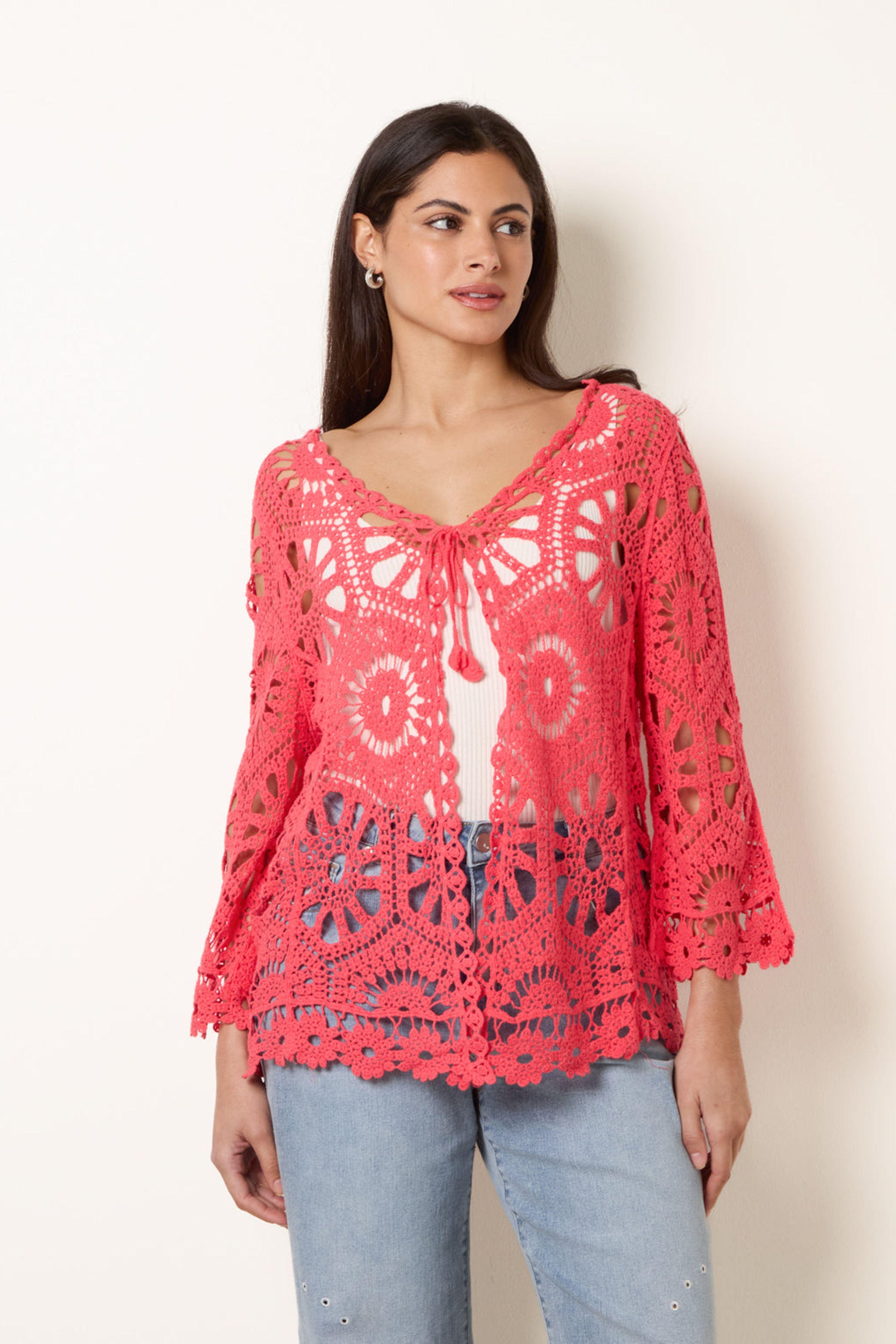Coral Long-Sleeved Crochet Cardigan by BLUE VANILLA