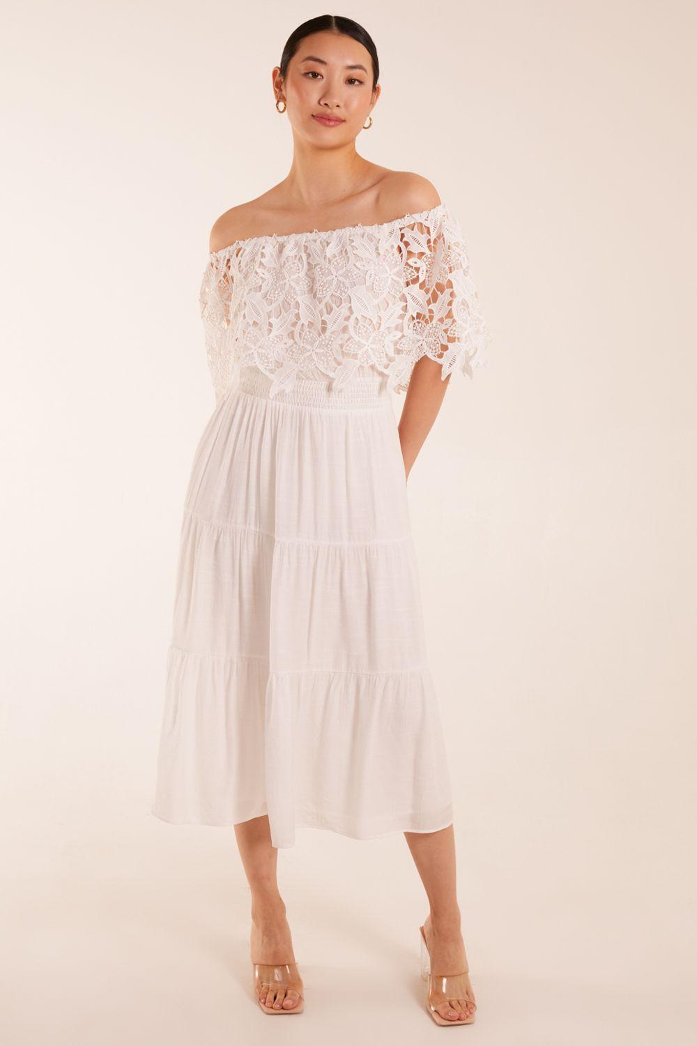 Crochet Lace Shirred Waist Midi Dress by BLUE VANILLA