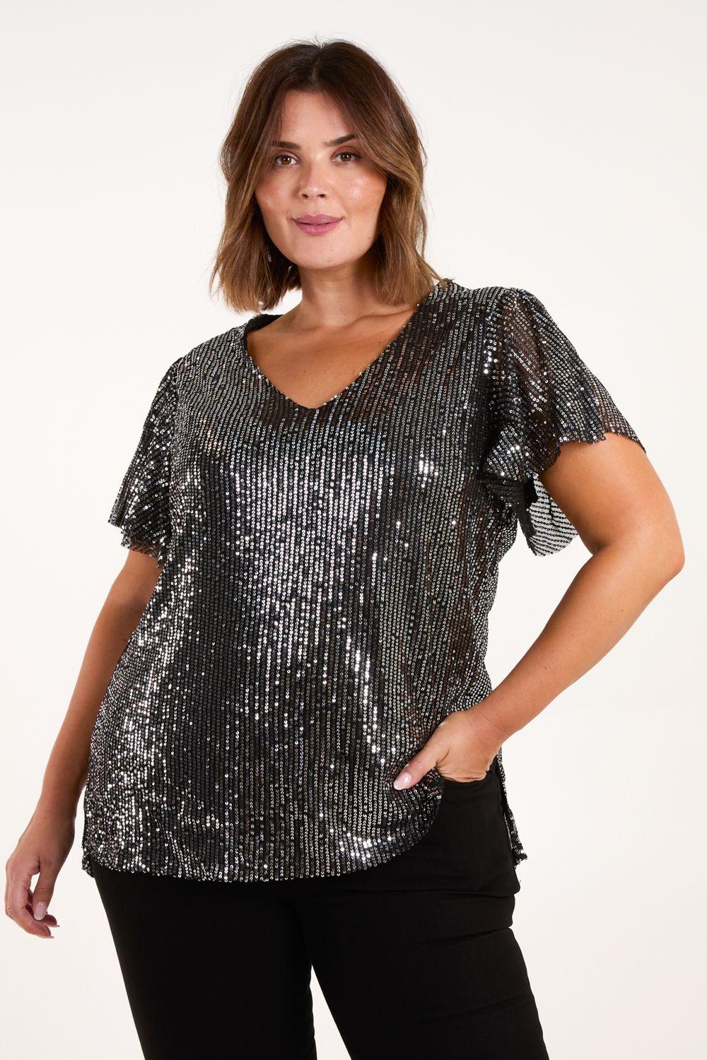 Curve Angel Sleeve V-Neck Sequin Top by BLUE VANILLA