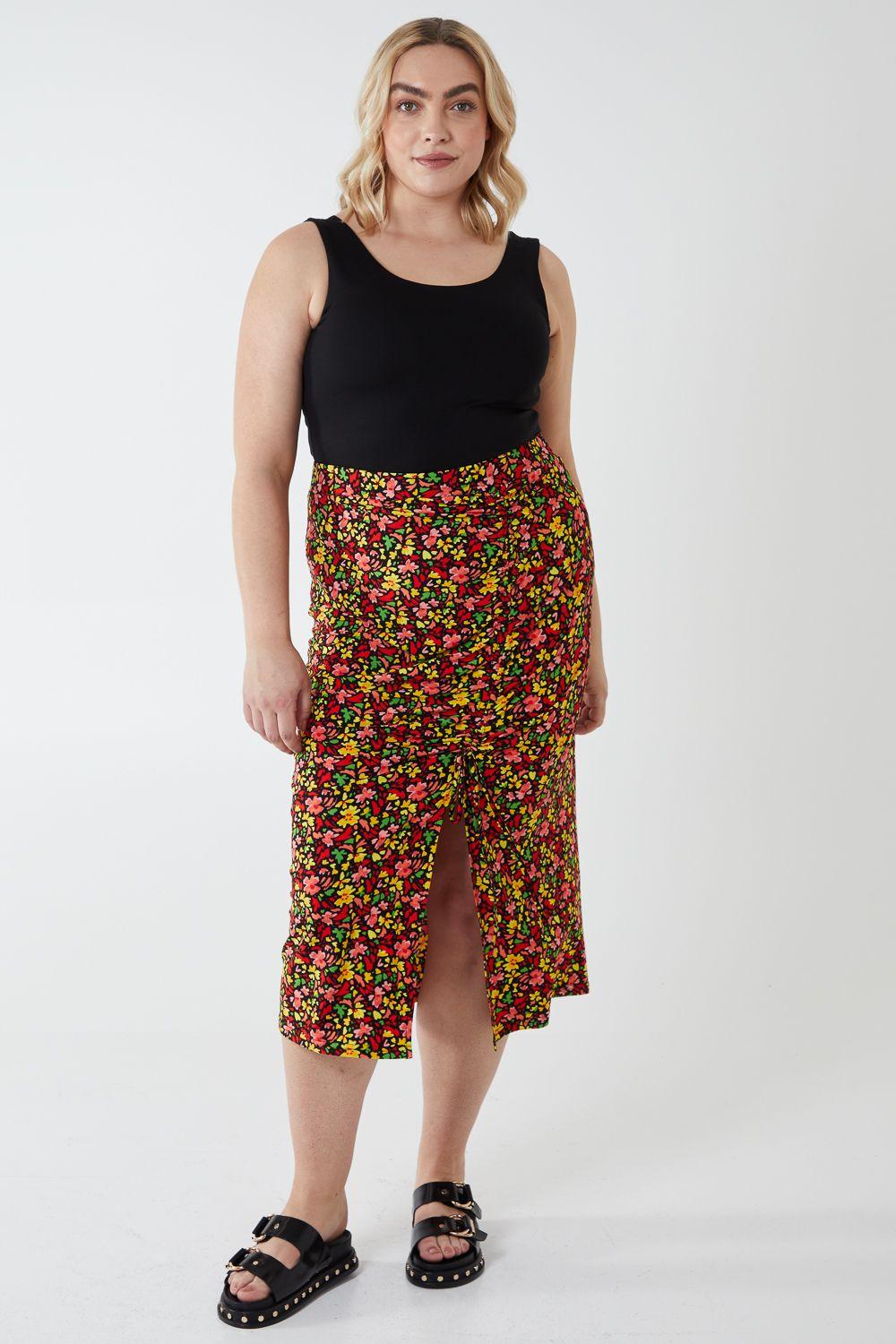 Curve Plus Size Ruched Front Midi Skirt by BLUE VANILLA