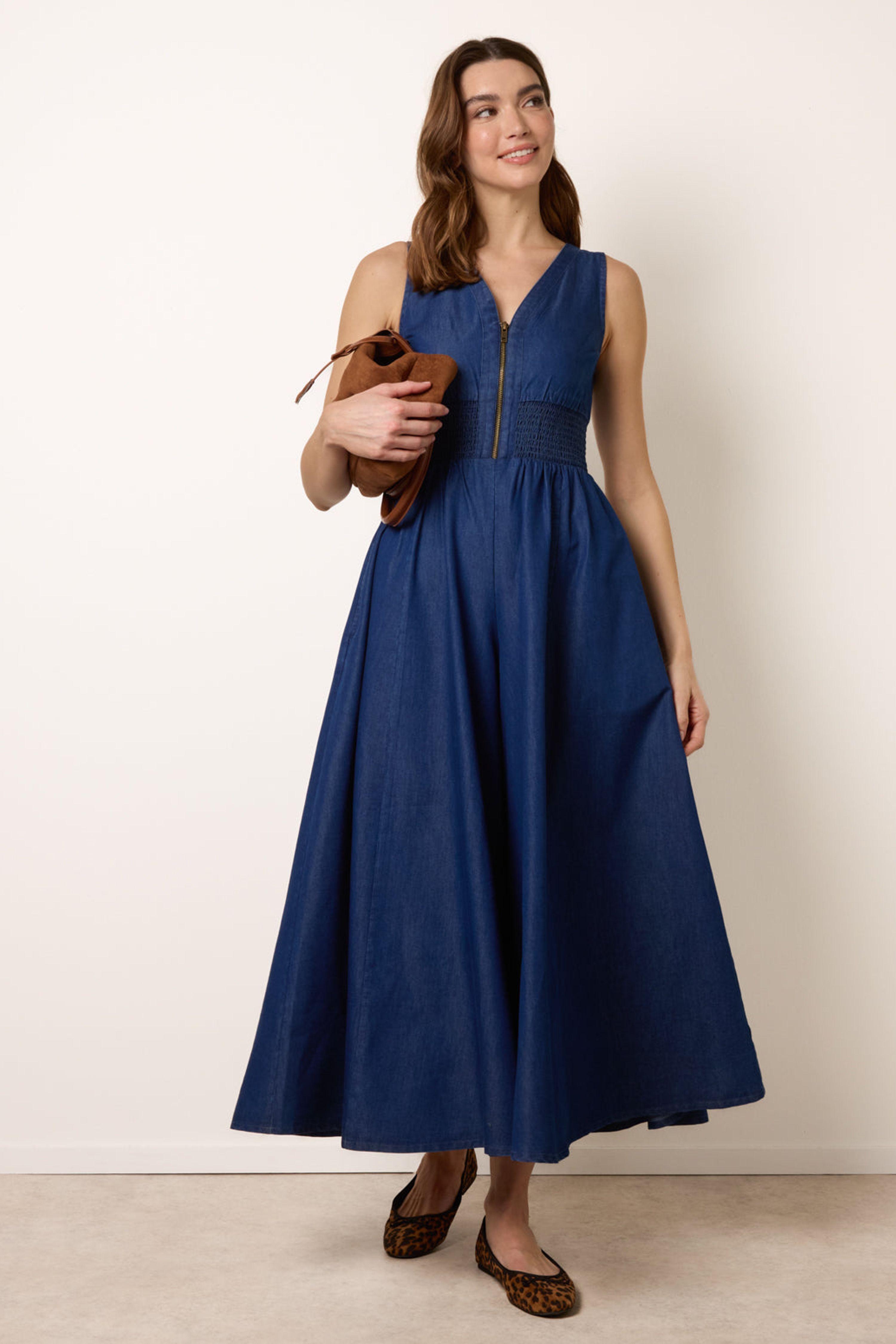 Dark Indigo Shirred Waist Zip Front Jumpsuit by BLUE VANILLA