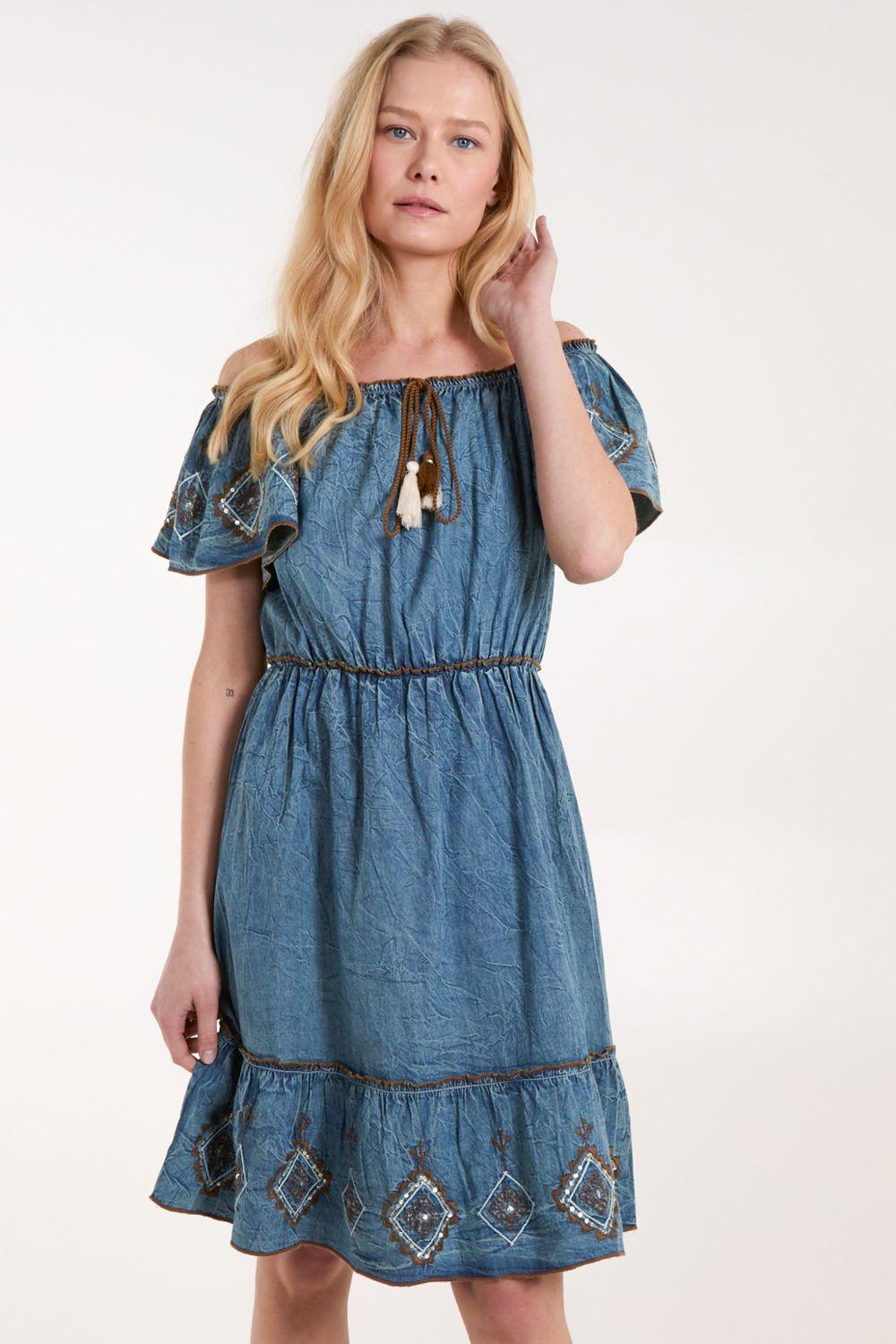 Denim Embroidered Tiered Dress by BLUE VANILLA