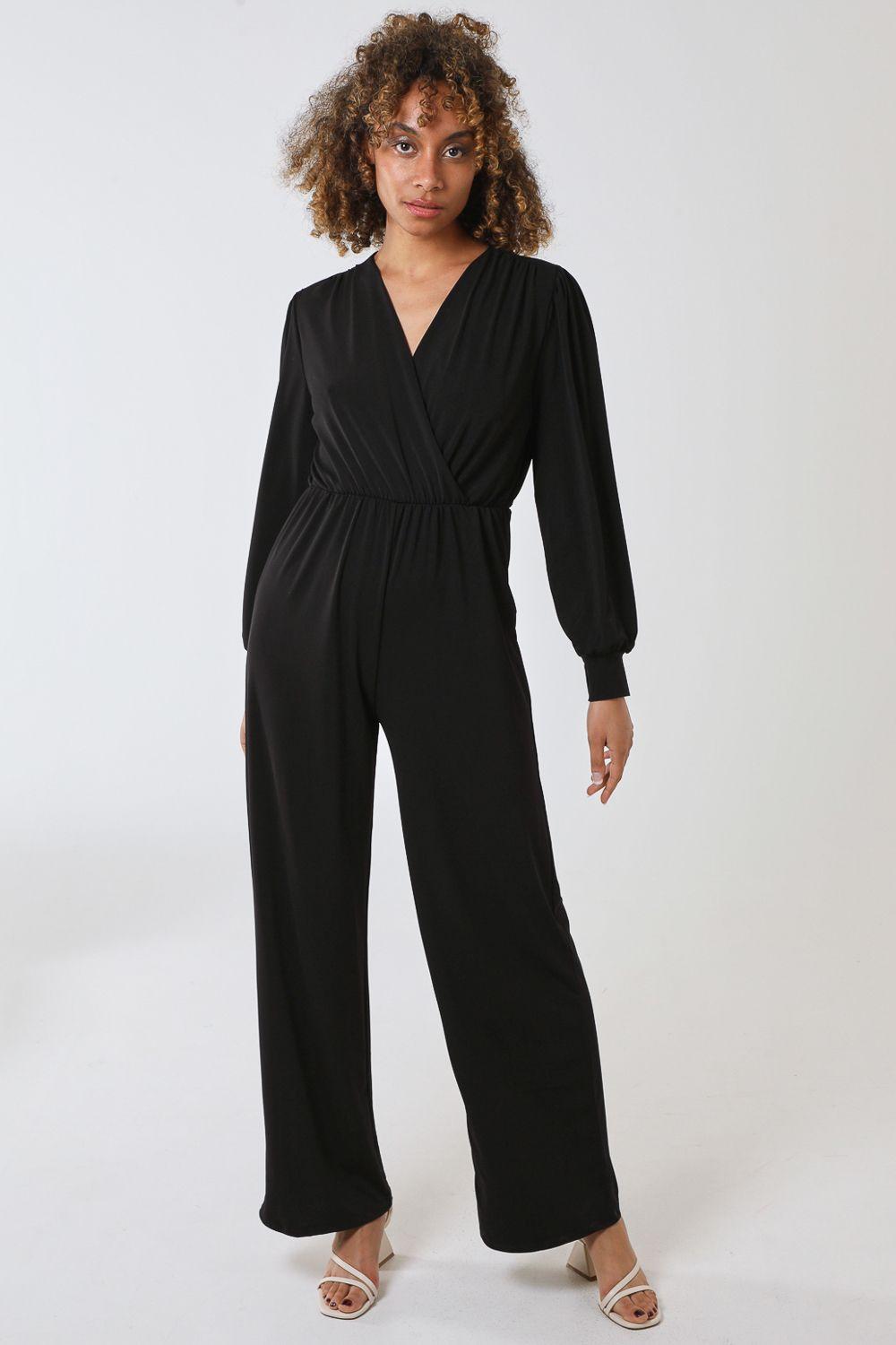 Elasticated Waist Crossover Long Sleeve Jumpsuit by BLUE VANILLA