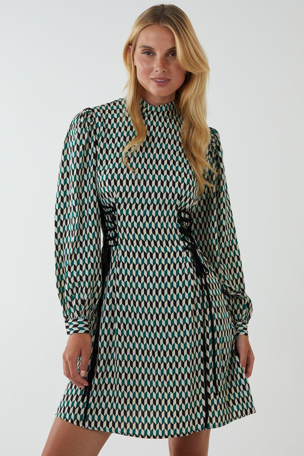 Geo Print Lace Side Waist High Neck Dress by BLUE VANILLA Geo Print Lace Side Waist High Neck Dress by BLUE VANILLA