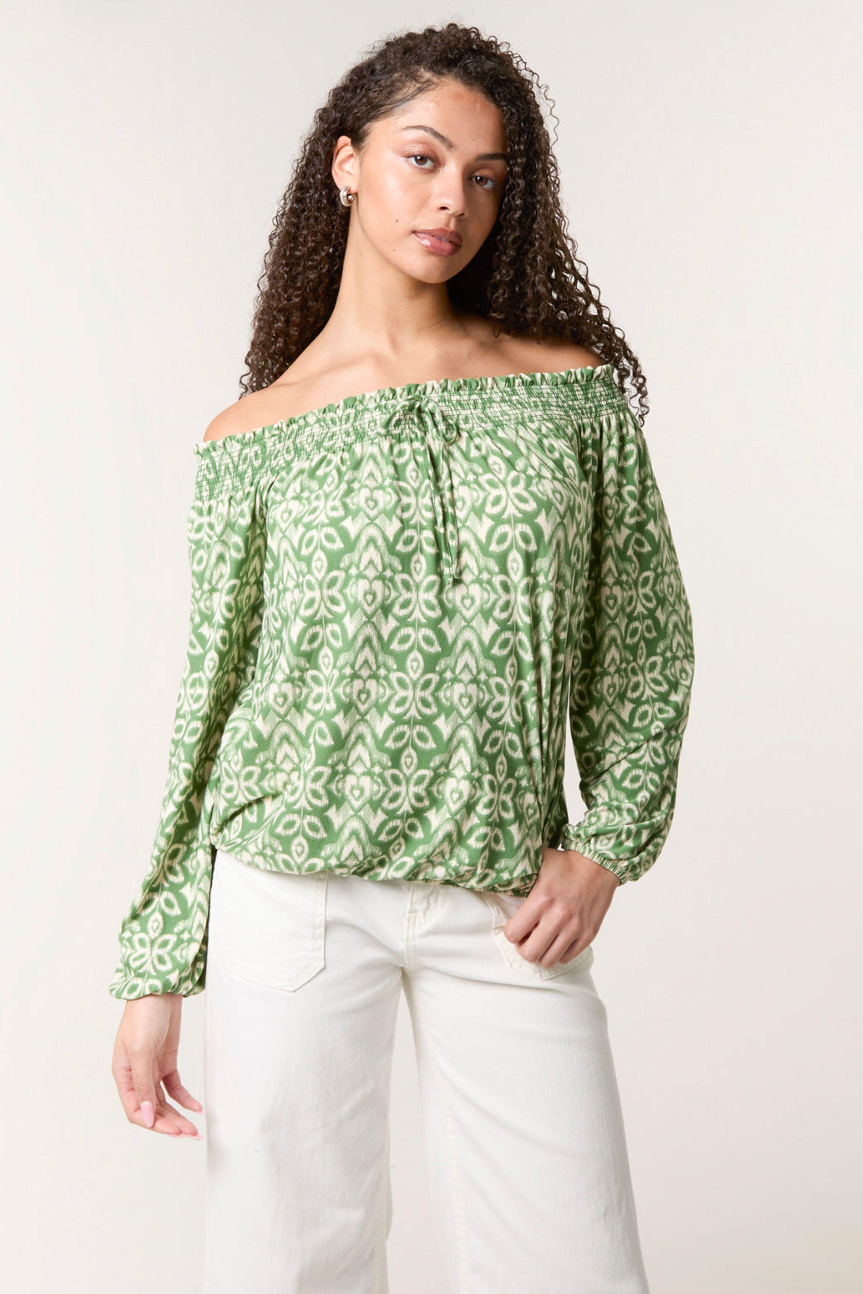 Green Bubble Hem Bardot Top by BLUE VANILLA