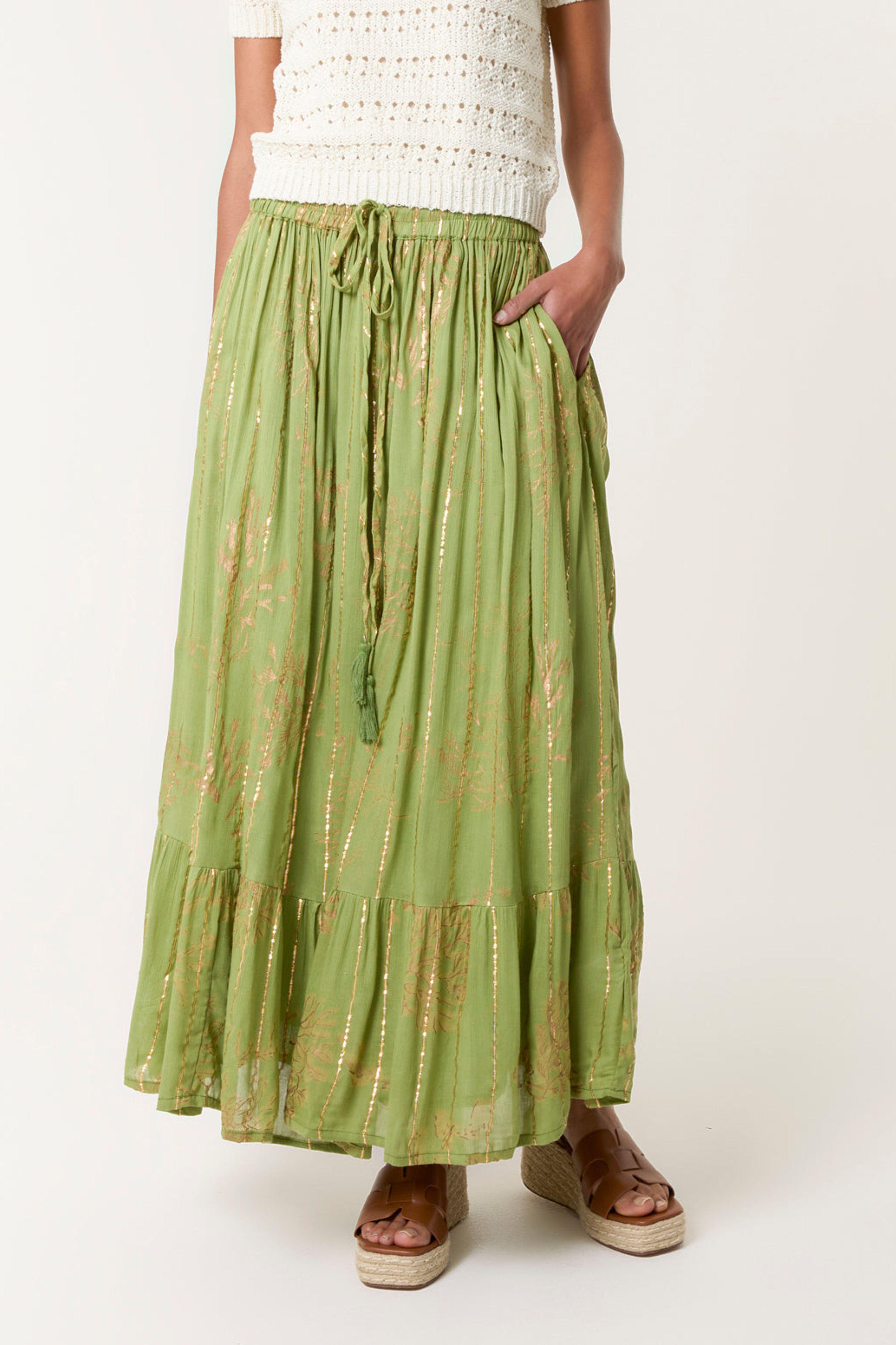 Green Gold Foil Print Peplum Hem Skirt by BLUE VANILLA
