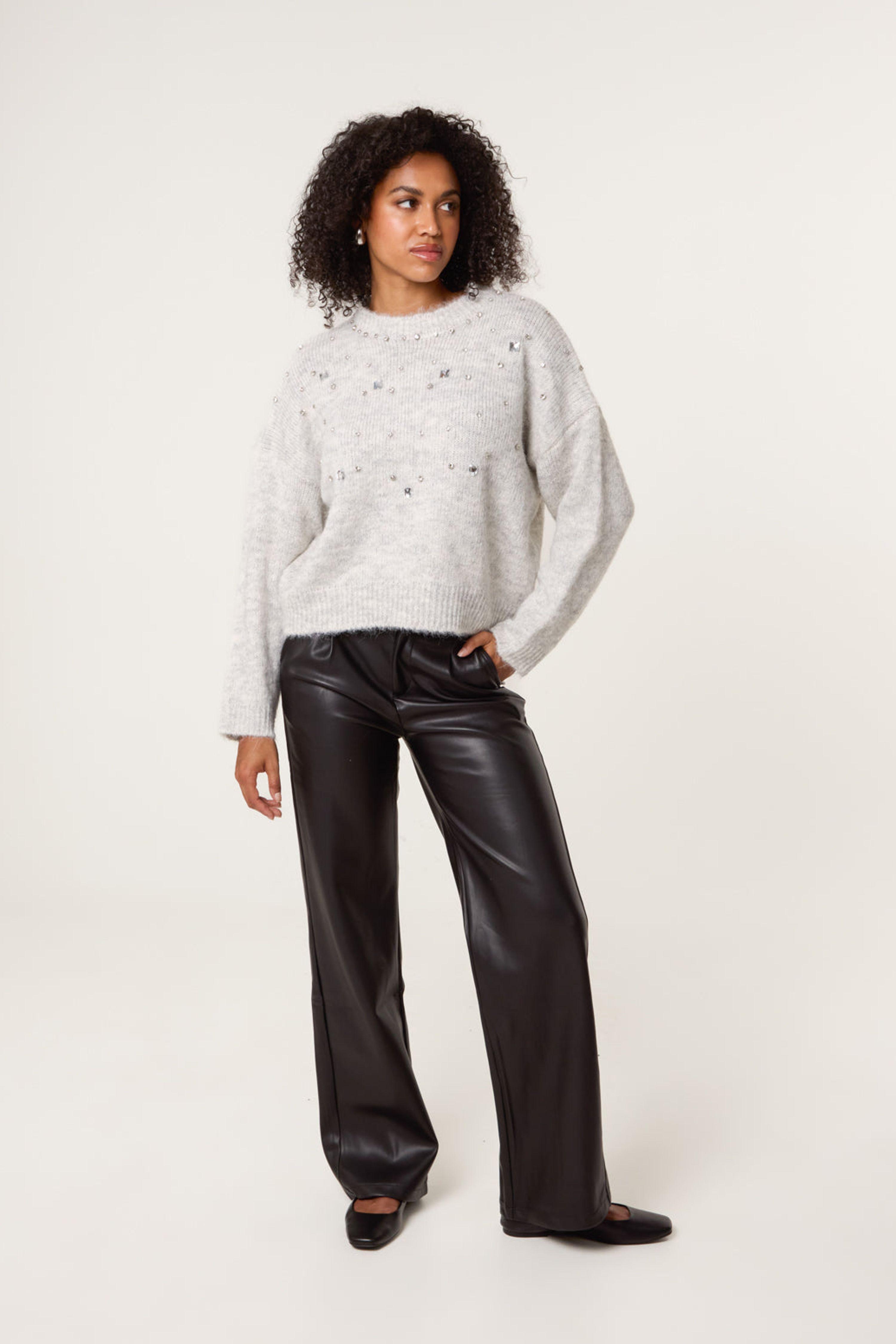 Grey Diamante Round Neck Jumper by BLUE VANILLA