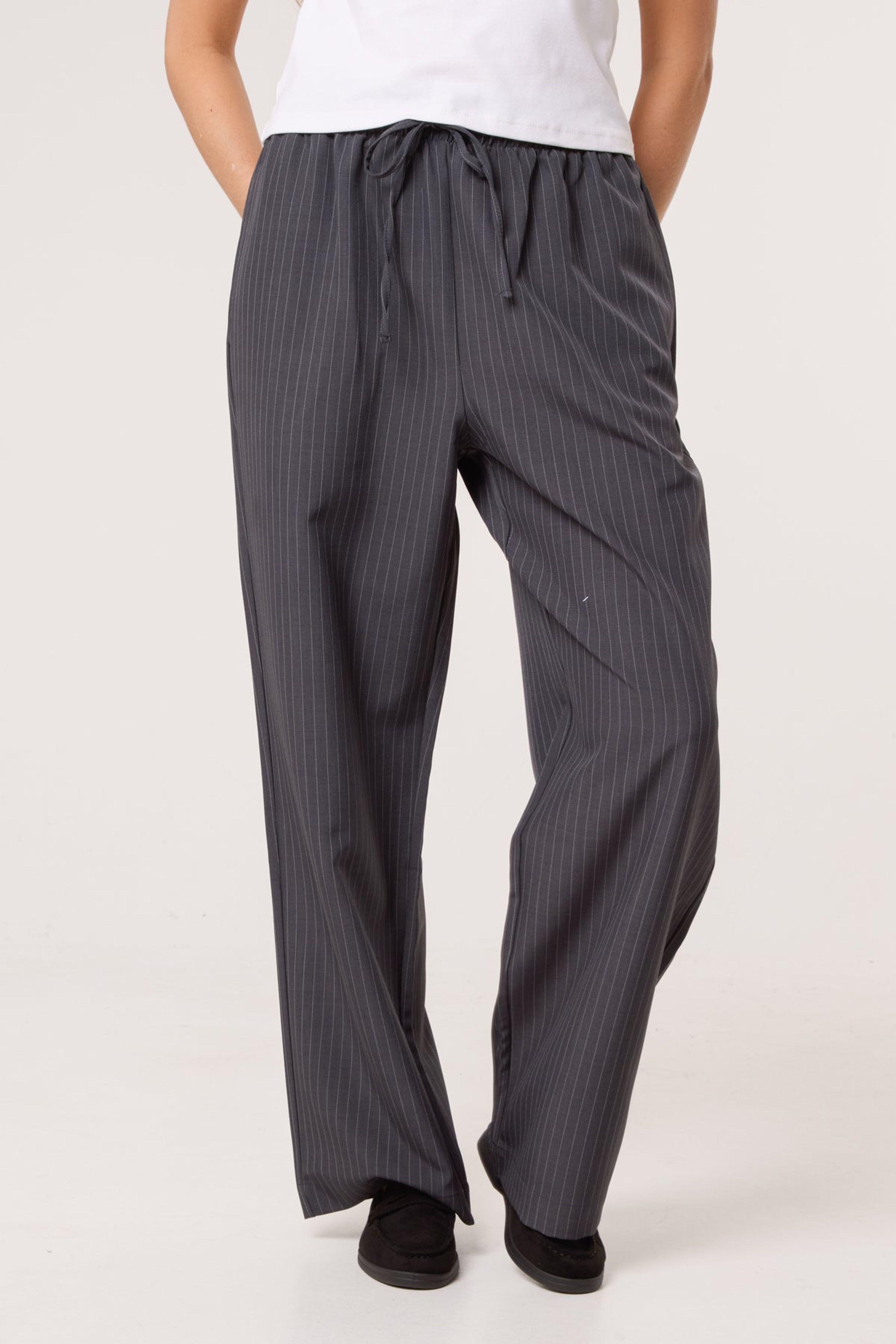 Grey Elasticated Waist Pinstripe Trousers by BLUE VANILLA