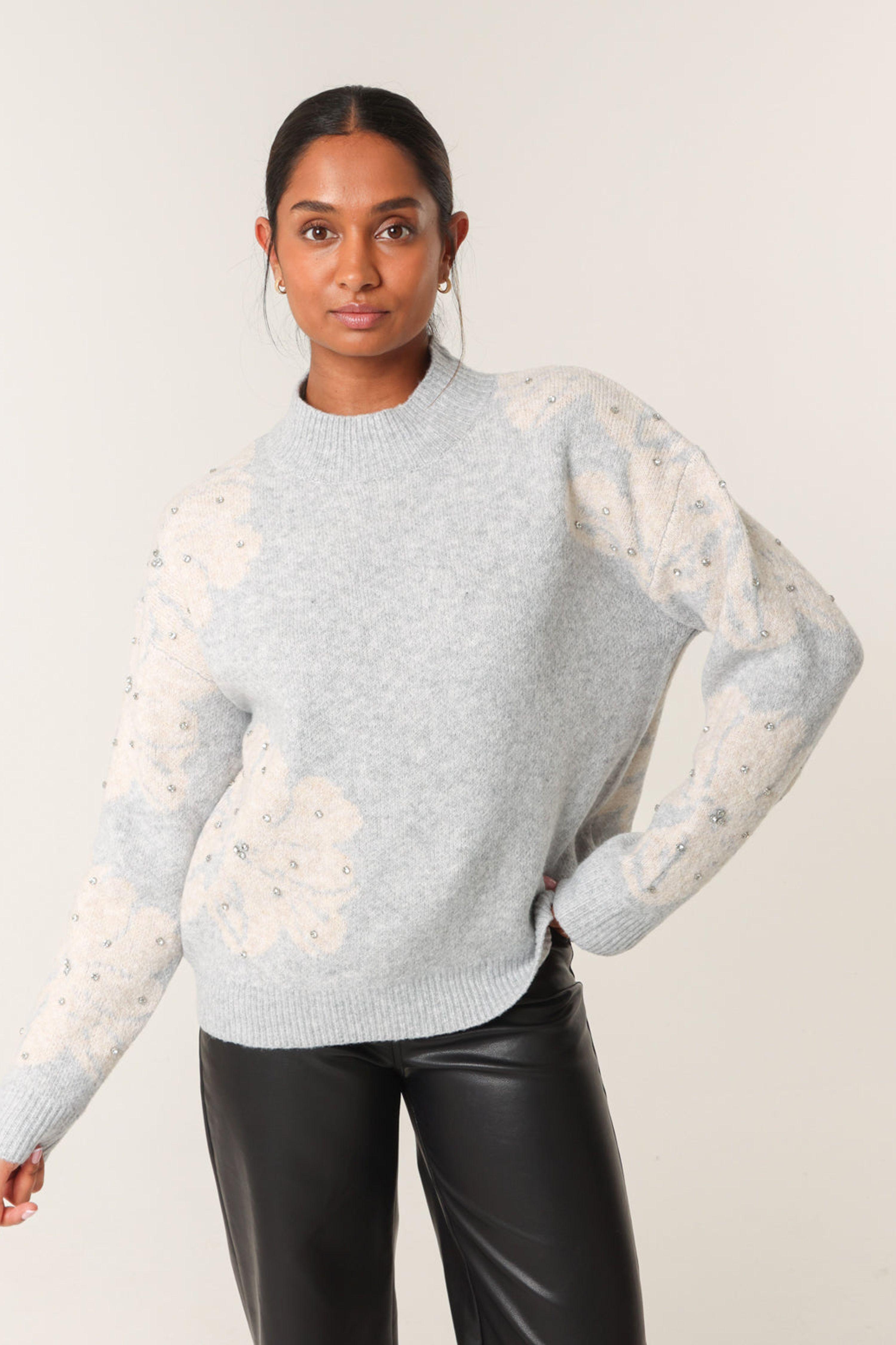 Grey Flower Diamante Detailed Knitted Jumper by BLUE VANILLA