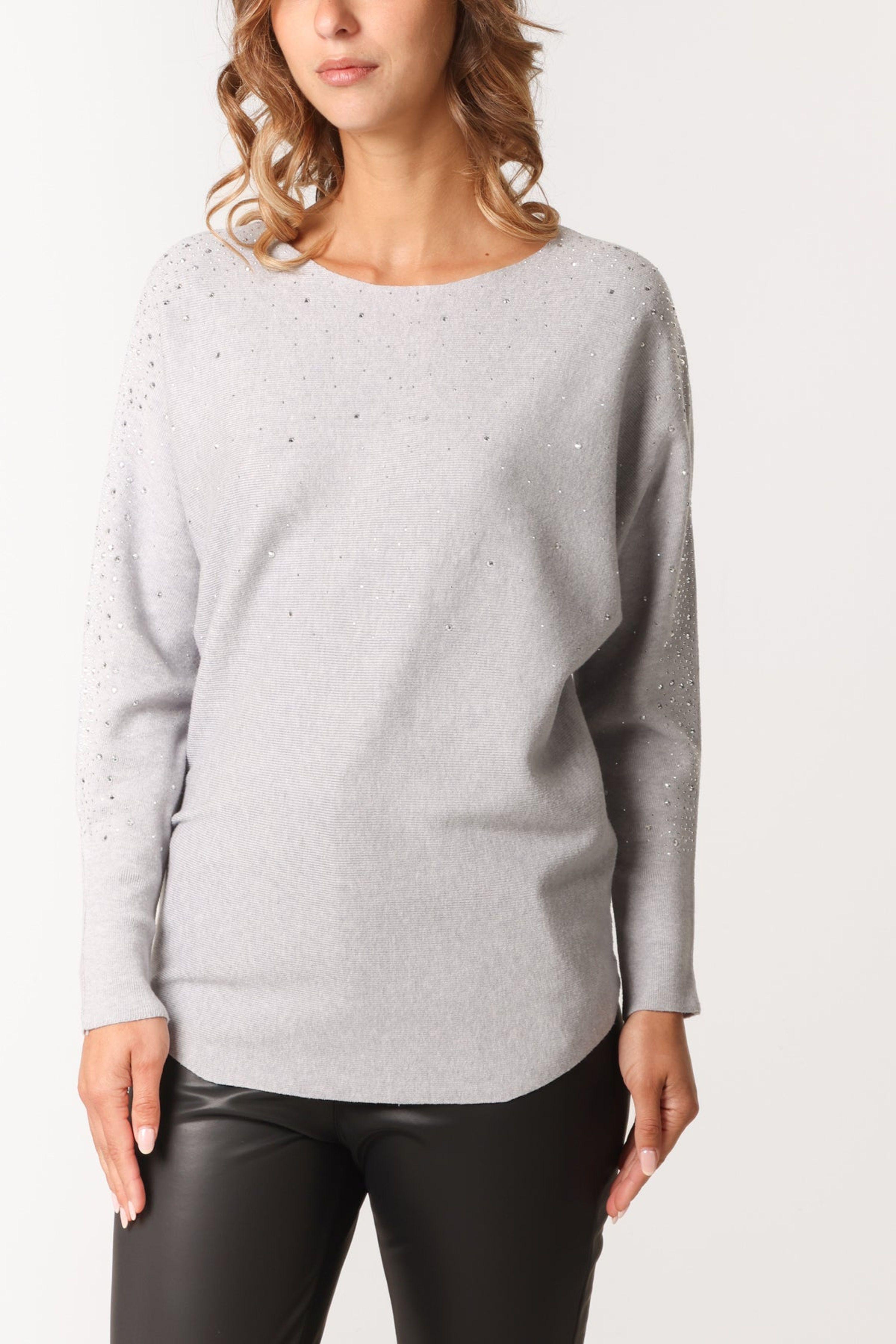 Grey Long Sleeve Diamante Detailed Batwing Jumper by BLUE VANILLA