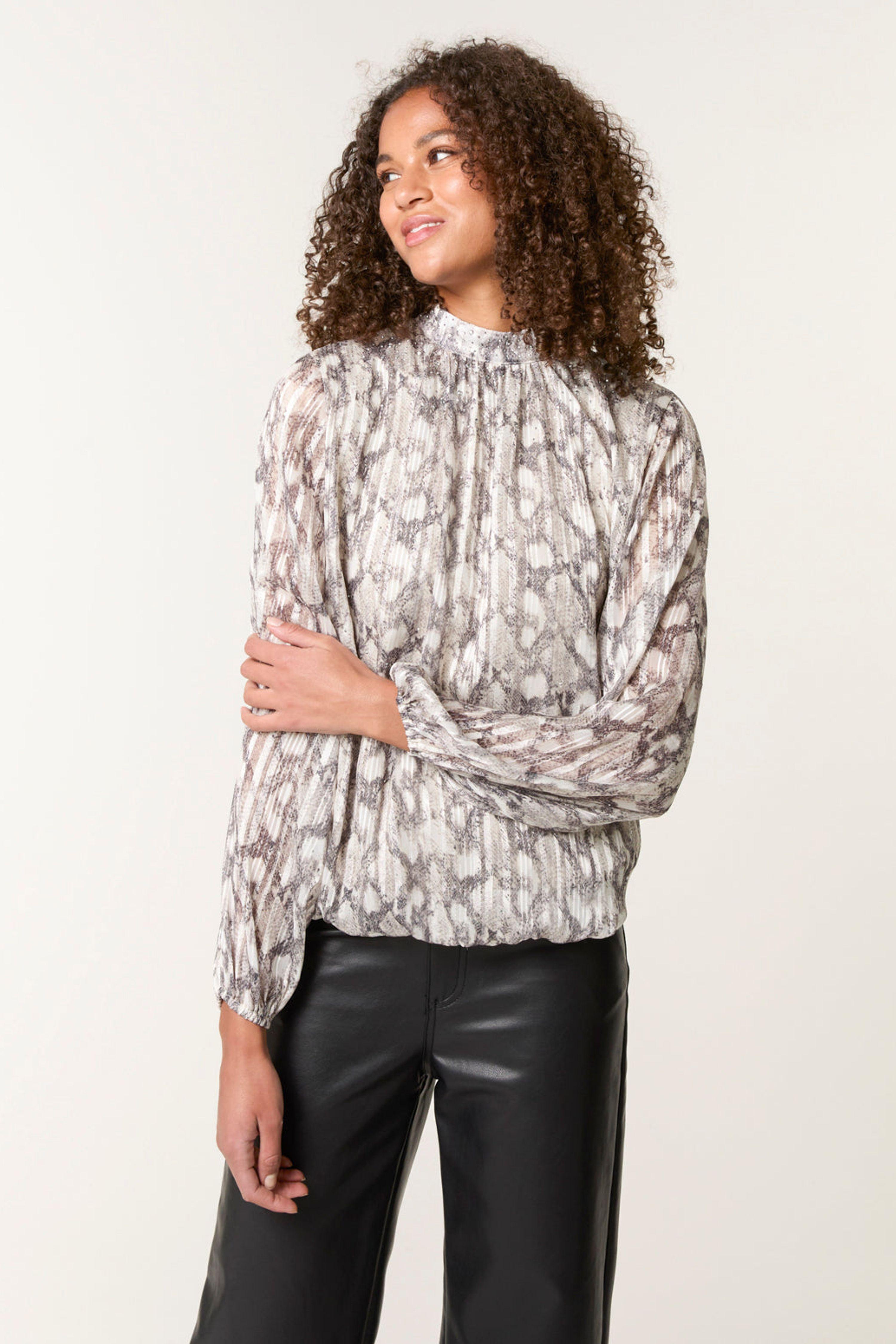 Grey Rhinestone Studded Snake Print Blouse by BLUE VANILLA