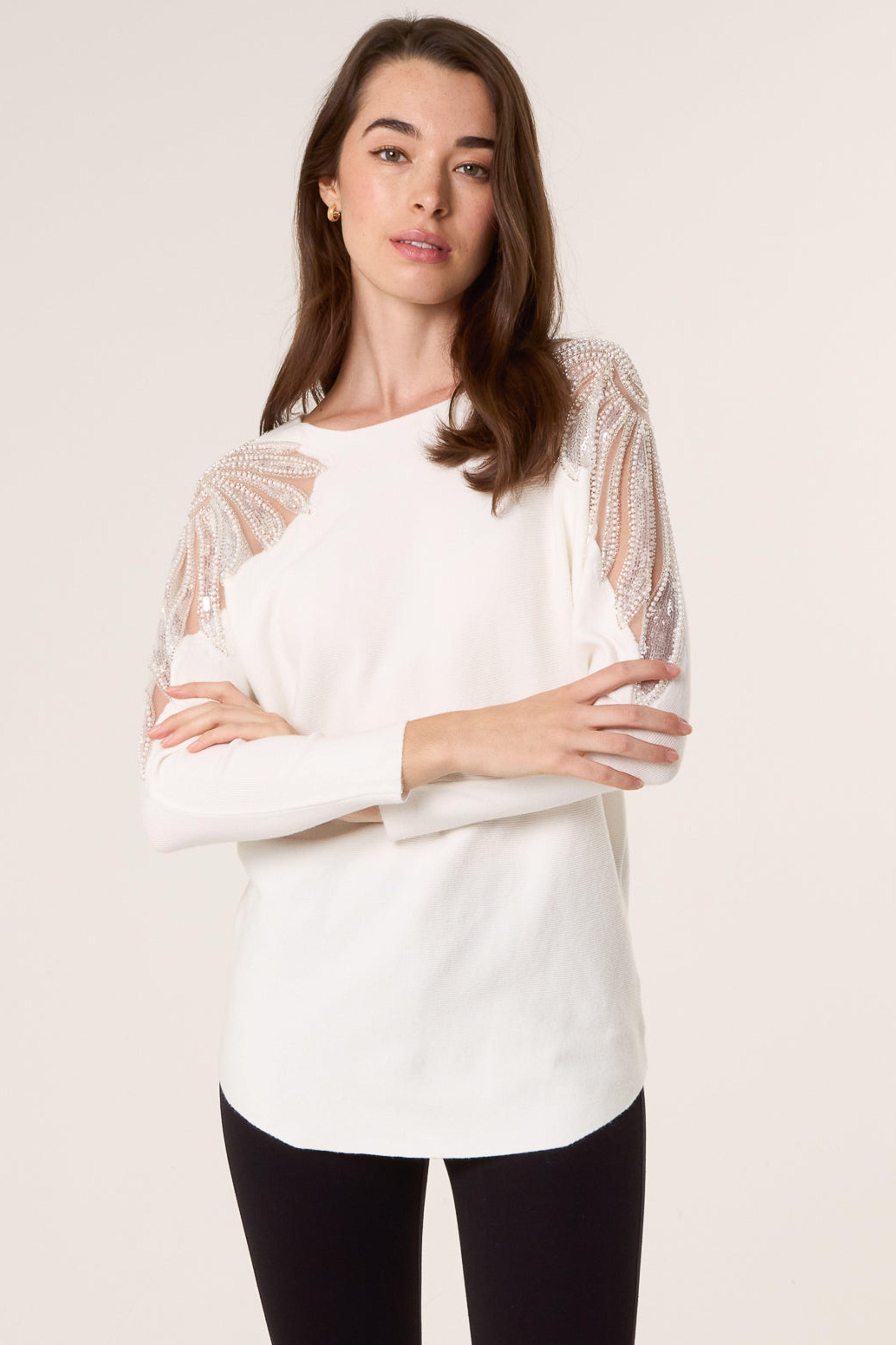 Ivory Crew Neck Batwing Shoulder Pearl Detailing Jumper by BLUE VANILLA