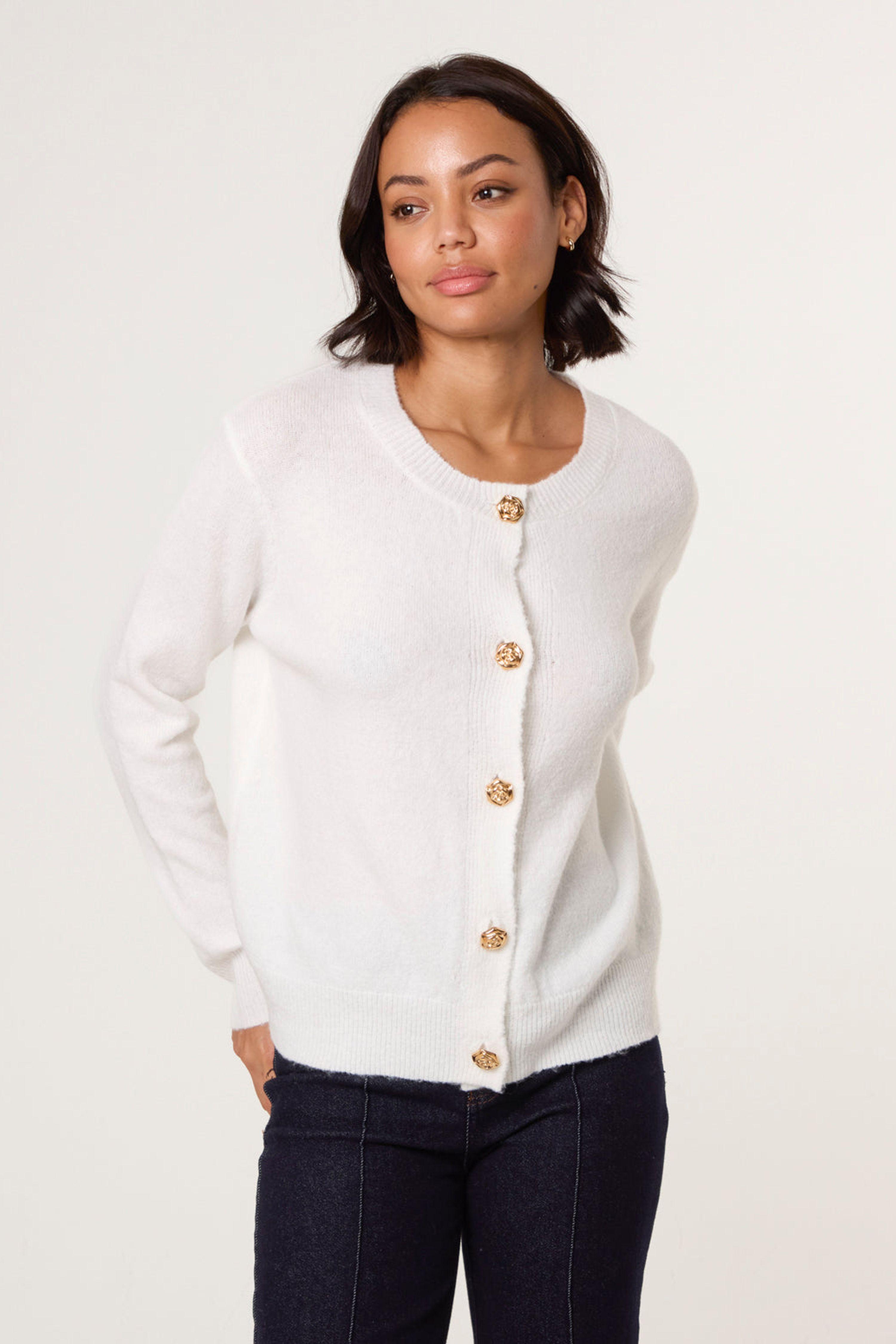 Ivory Gold Flower Buttons Cardigan by BLUE VANILLA