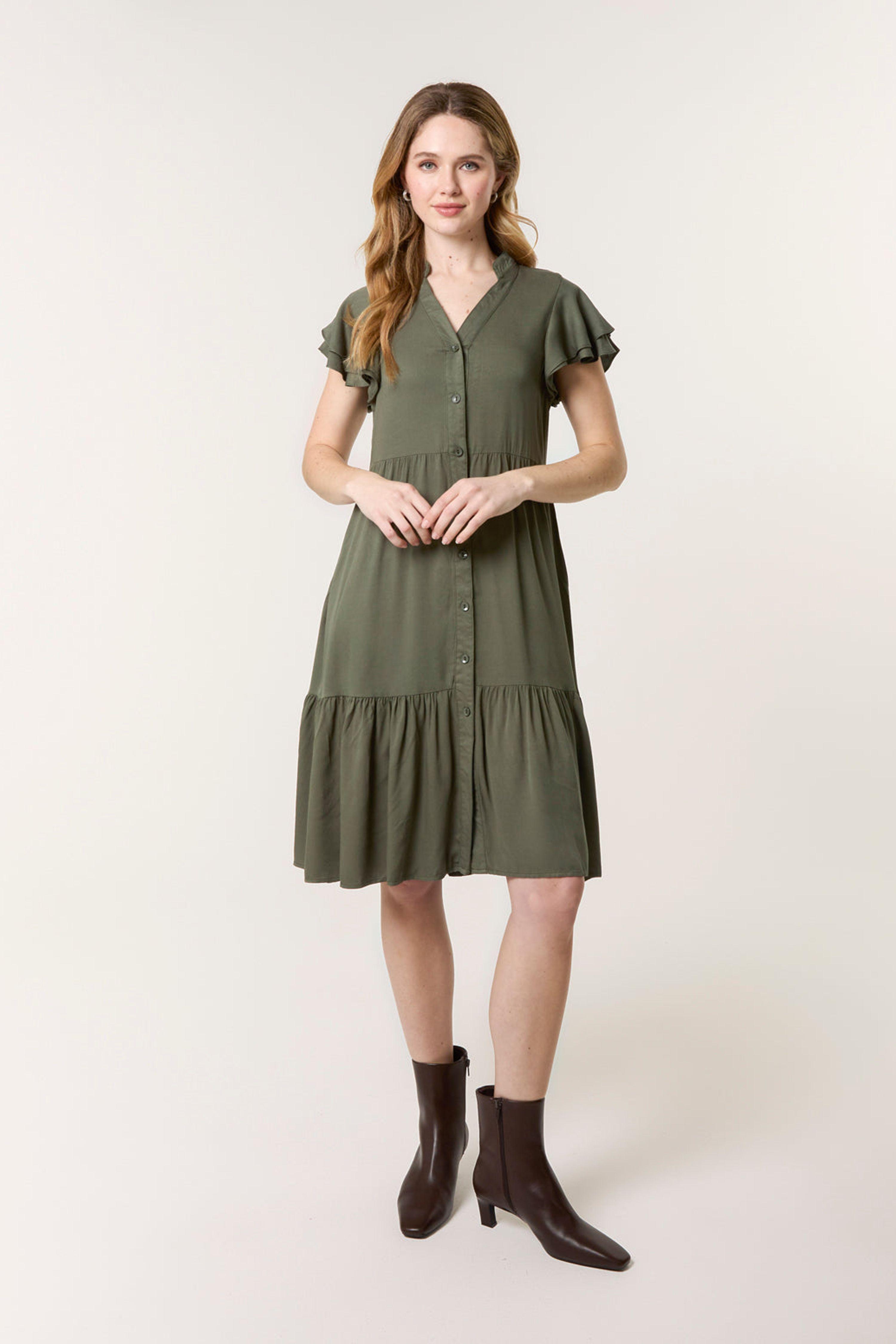 Khaki Angel Sleeve Button Front Midi Dress by BLUE VANILLA