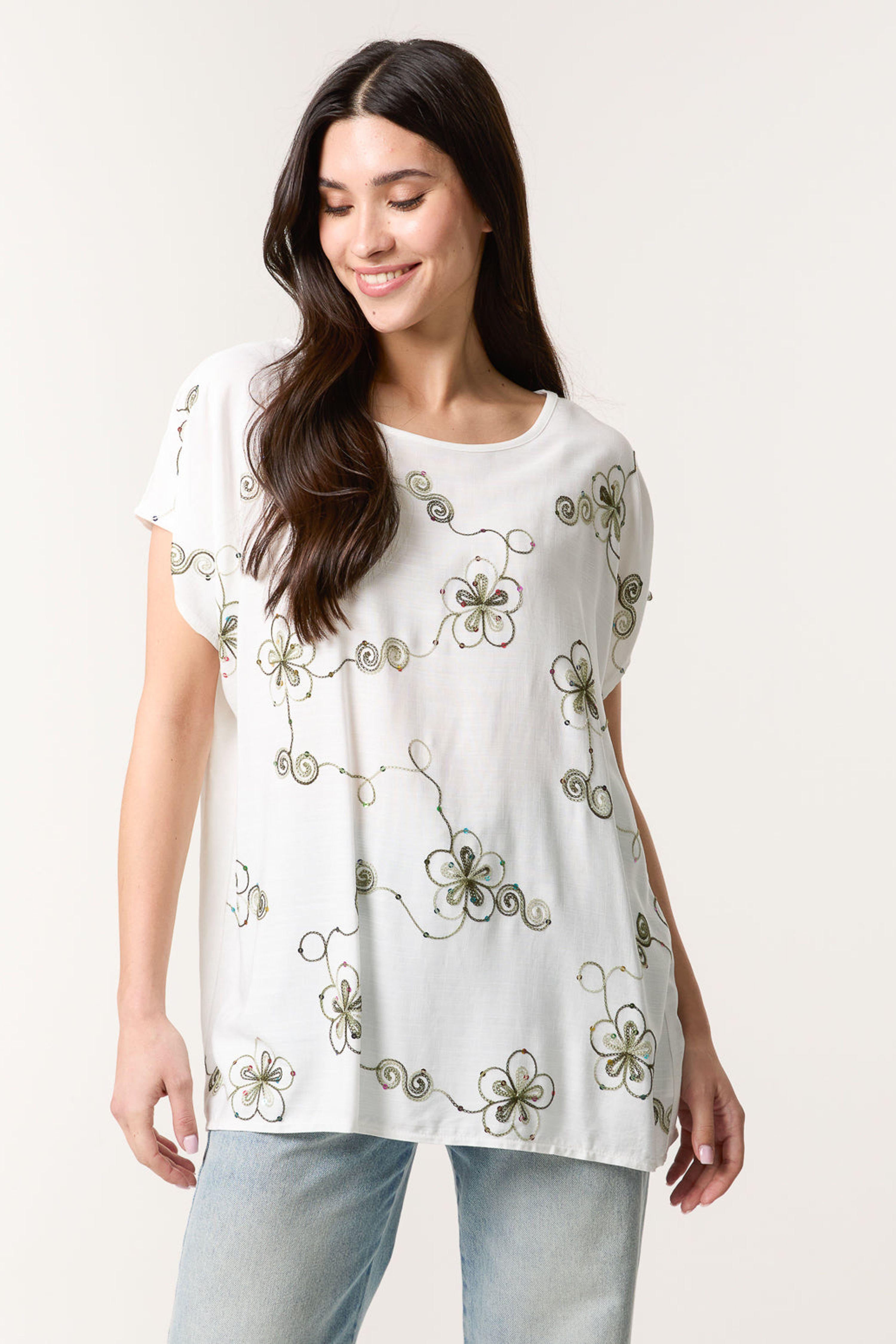 Khaki Embroidered Flower Top by BLUE VANILLA